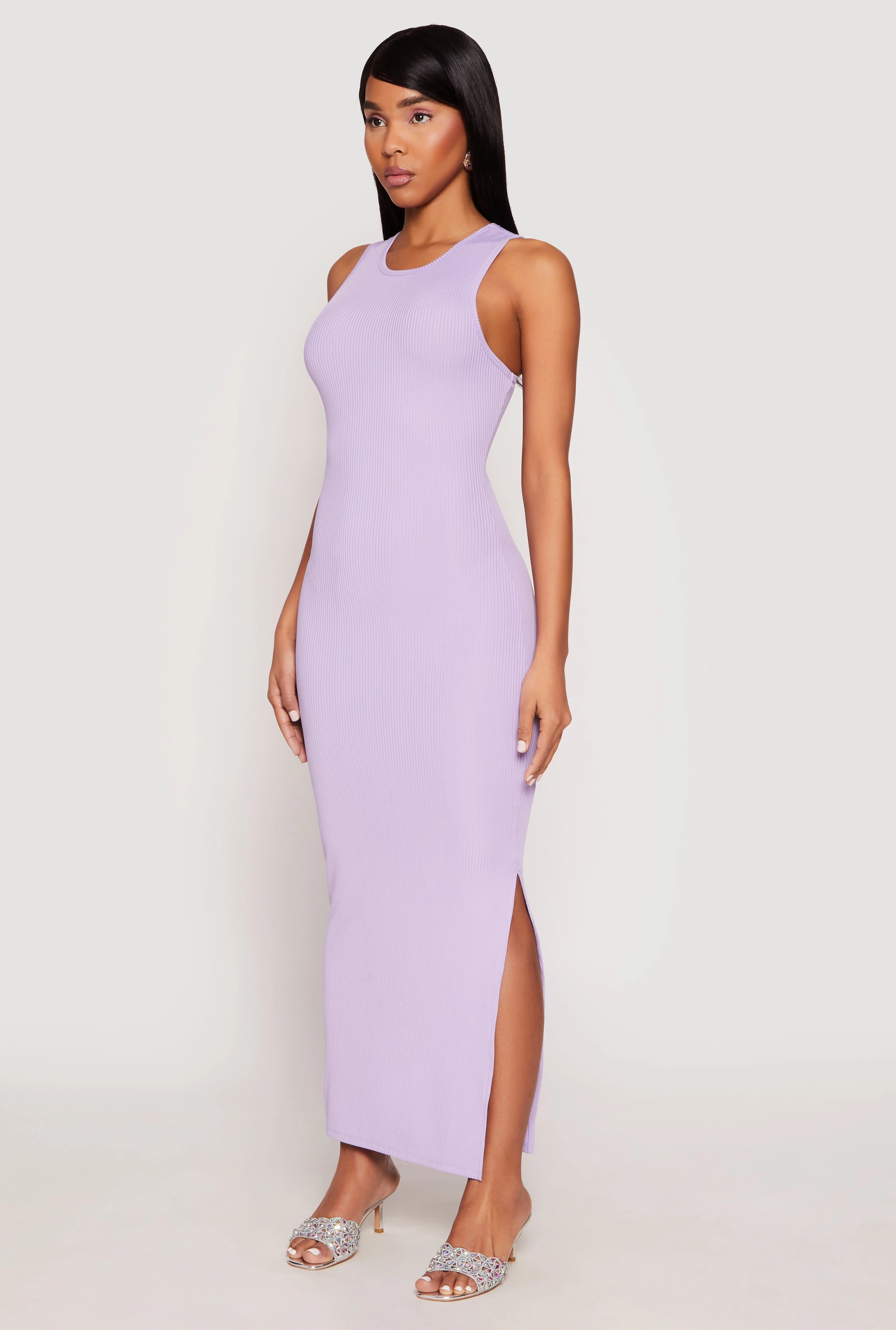 Casual Vibes Edgy Twist Ribbed Knit Side Slit Tank Maxi Dress
