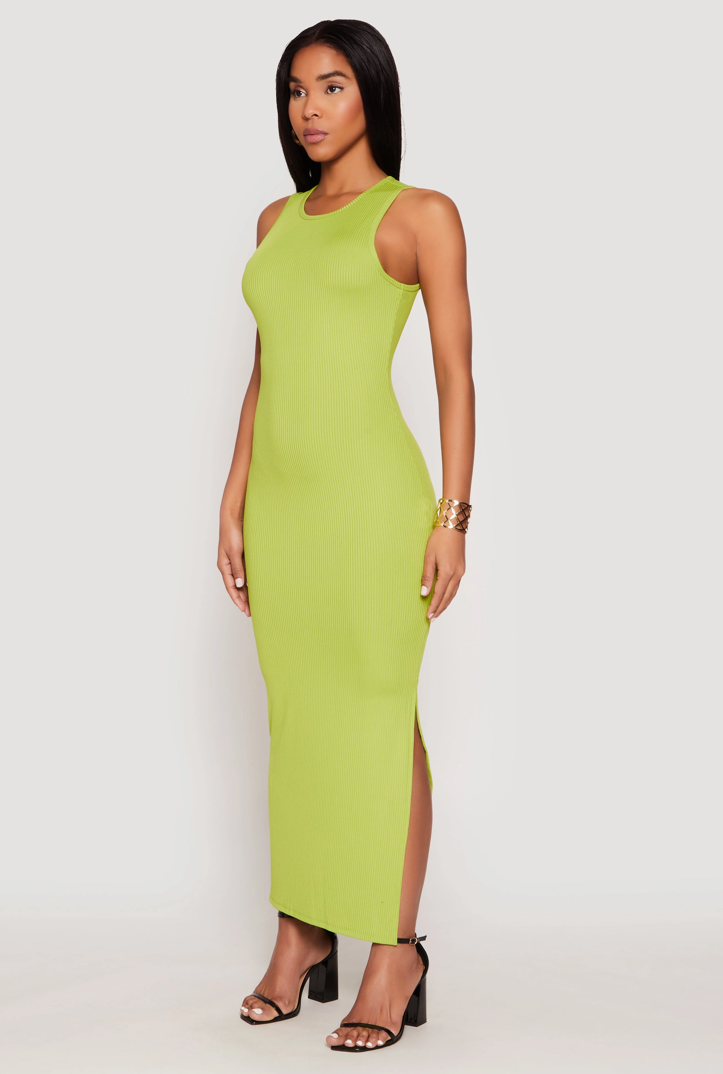 Soft Wear Polished Finish Ribbed Knit Side Slit Tank Maxi Dress