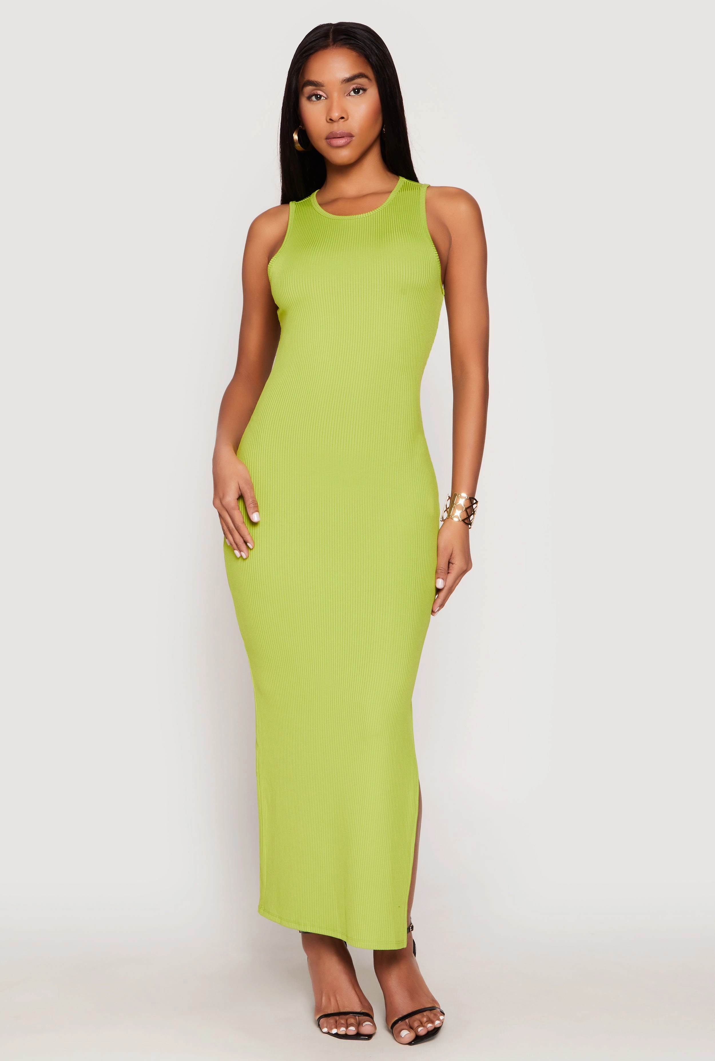 V Neckline Ribbed Knit Side Slit Tank Maxi Dress