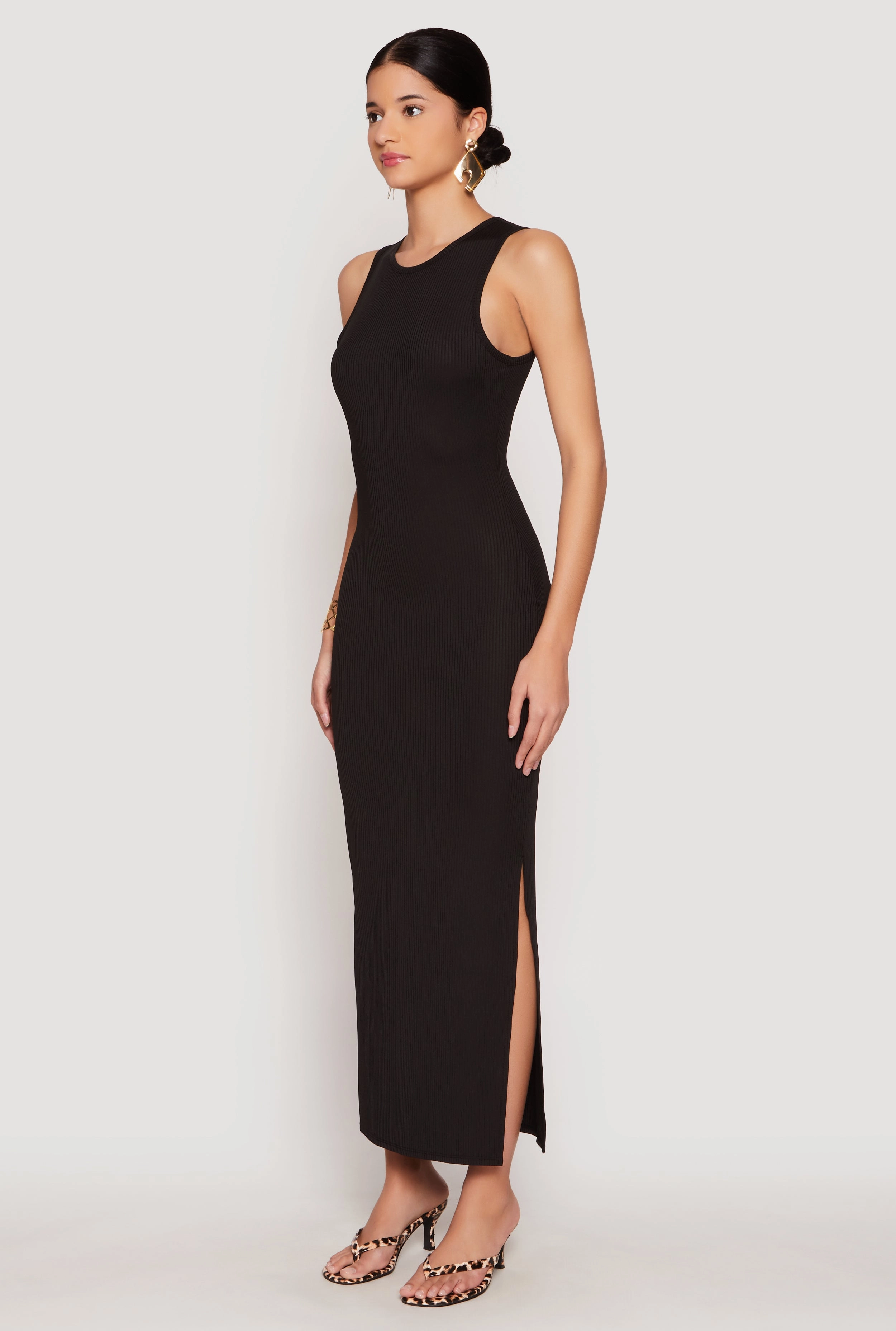 Ribbed Knit Side Slit Tank Maxi Dress Light Layers AntiPillTreatment