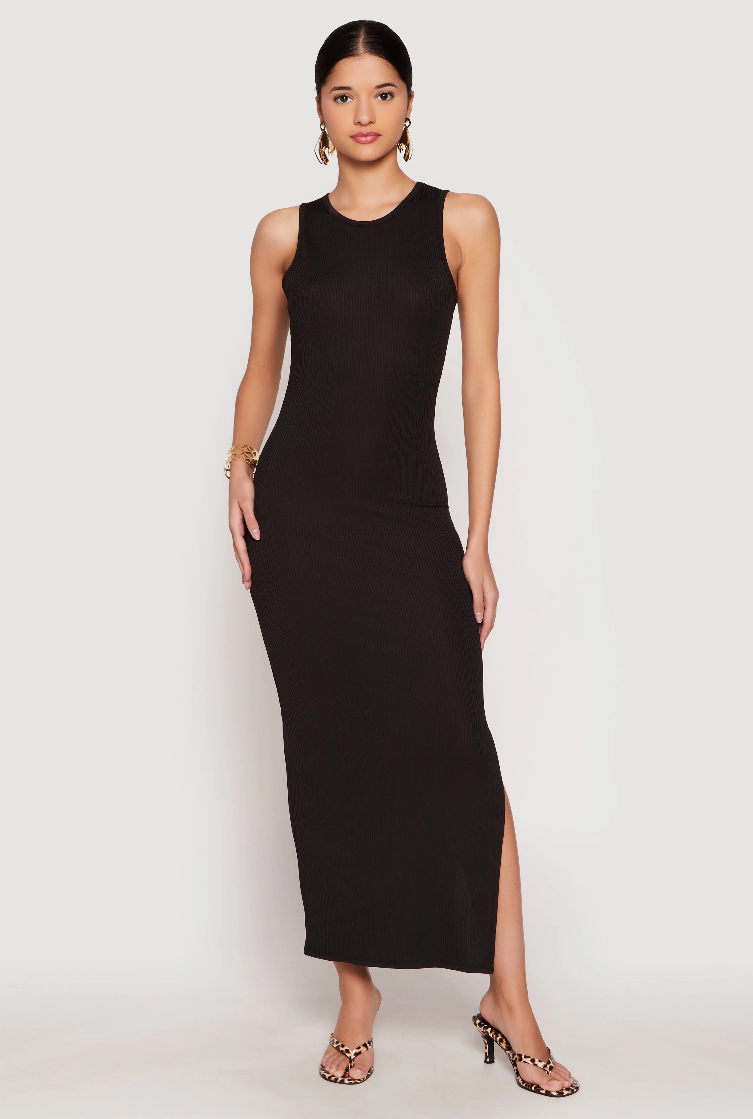 Ribbed Knit Side Slit Tank Maxi Dress Sweet Mood