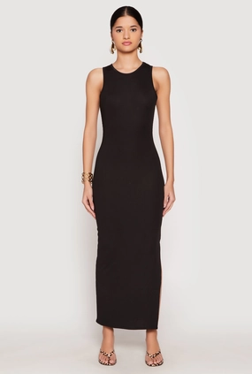 Ribbed Knit Side Slit Tank Maxi Dress Subtle Flow Cool Draping