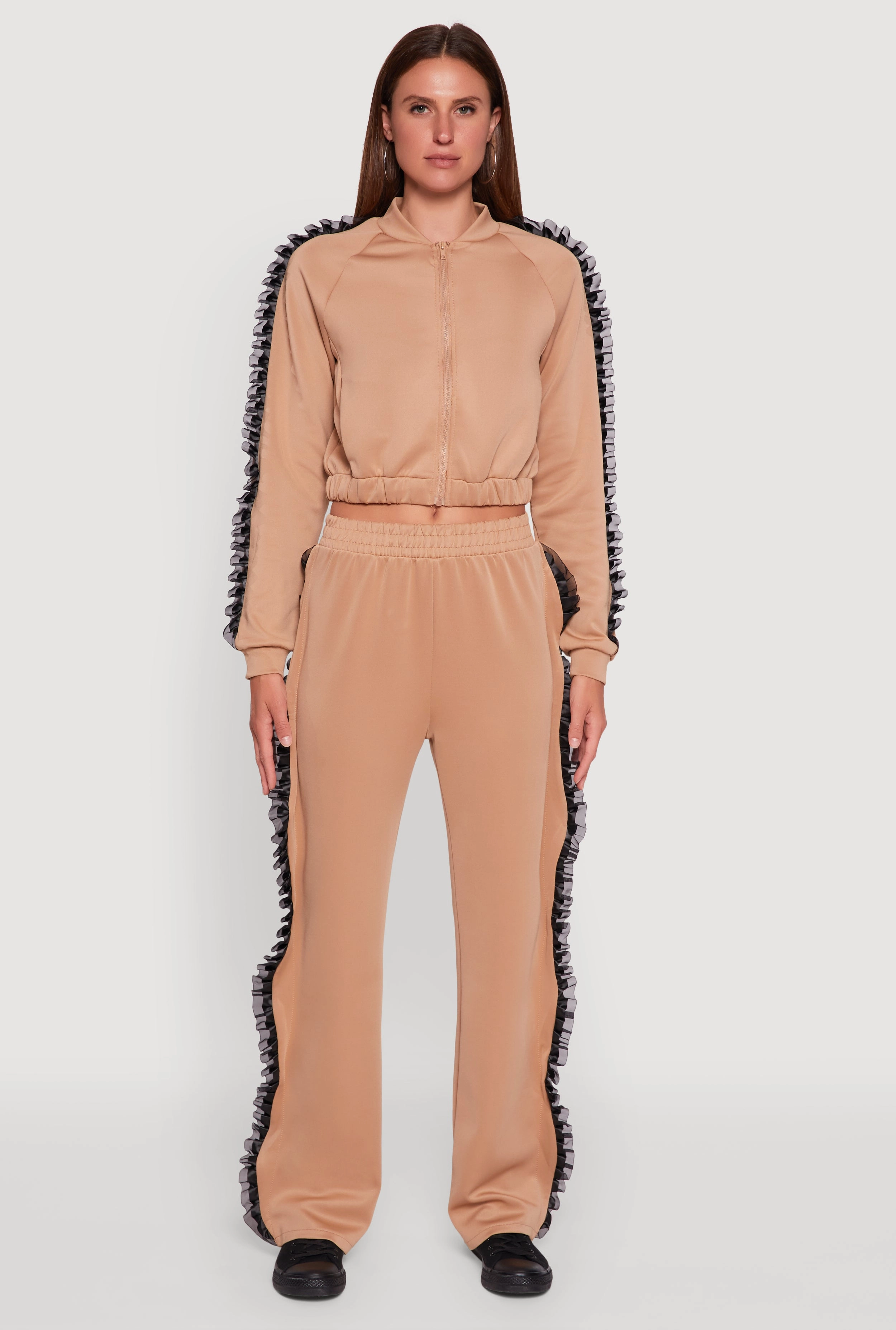 Ruffle Chiffon Organza Long Sleeve Zip Front Jacket OdorResistantTreatment