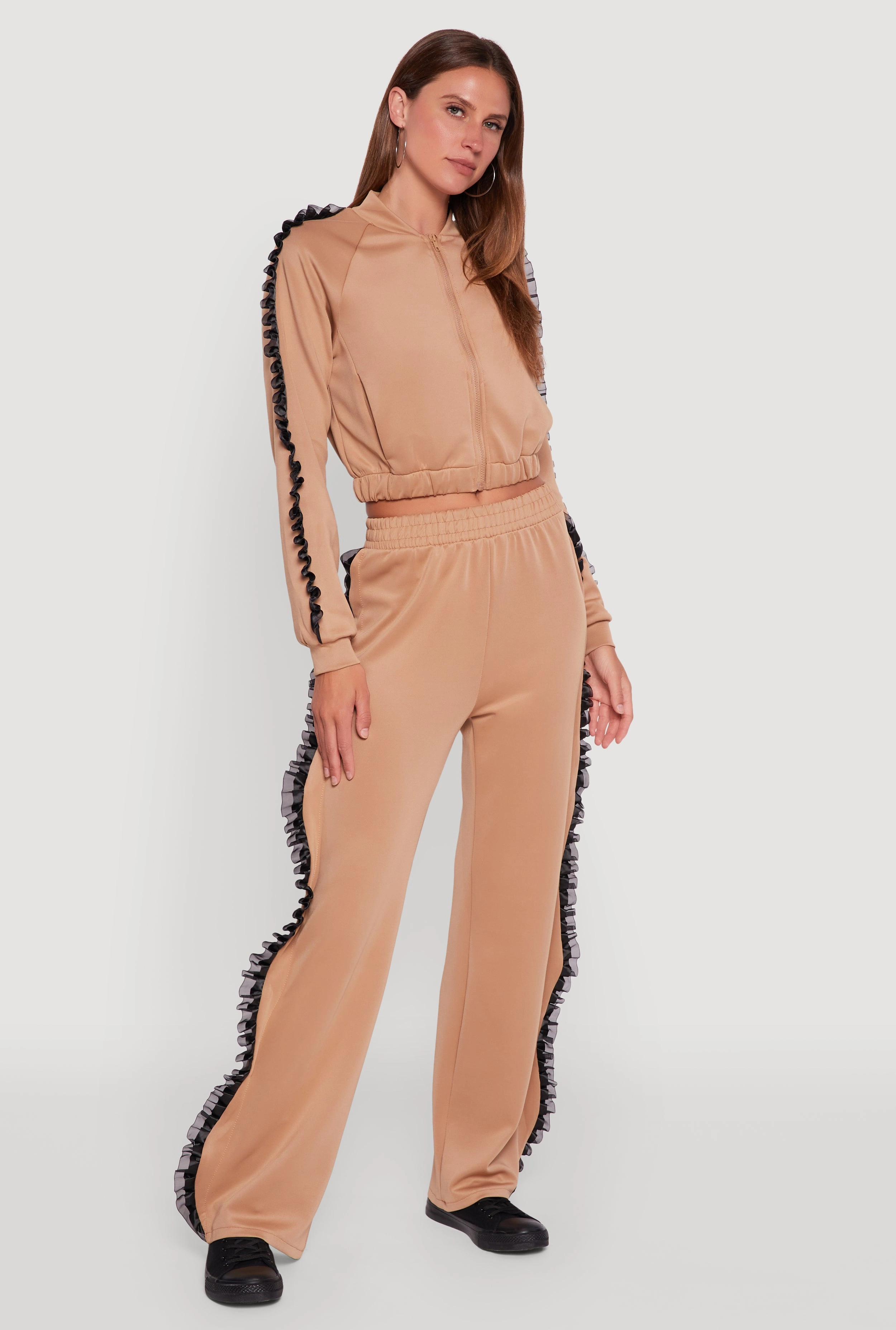 Stand Up Collar Ruffle Chiffon Organza Long Sleeve Zip Front Jacket