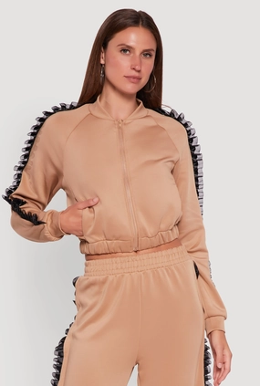 Ruffle Chiffon Organza Long Sleeve Zip Front Jacket Compression Fold Design