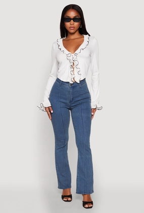 Female design Forest trail Ruffle Trim Tie Front Crop Top