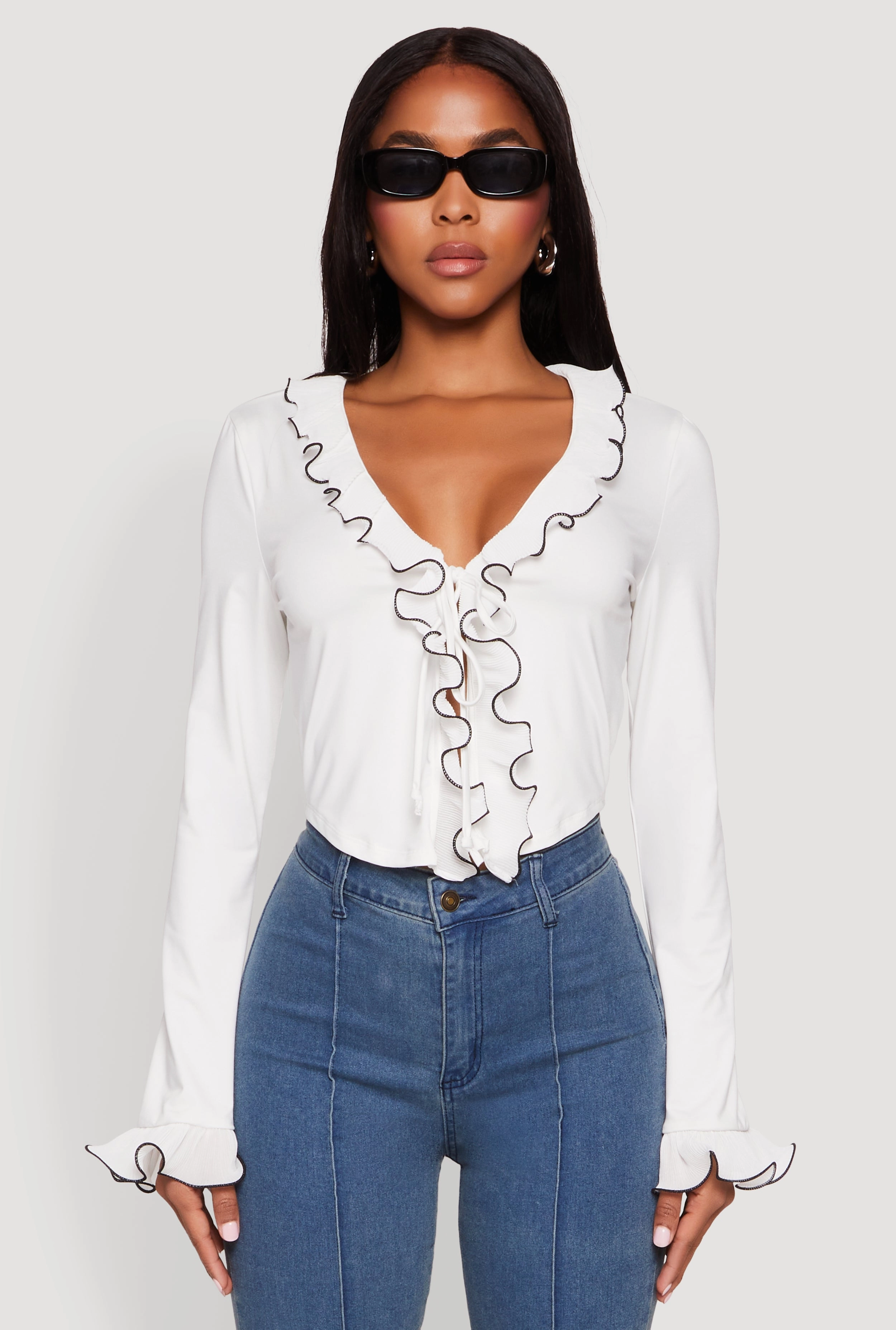 Ruffle Trim Tie Front Crop Top Affordable
