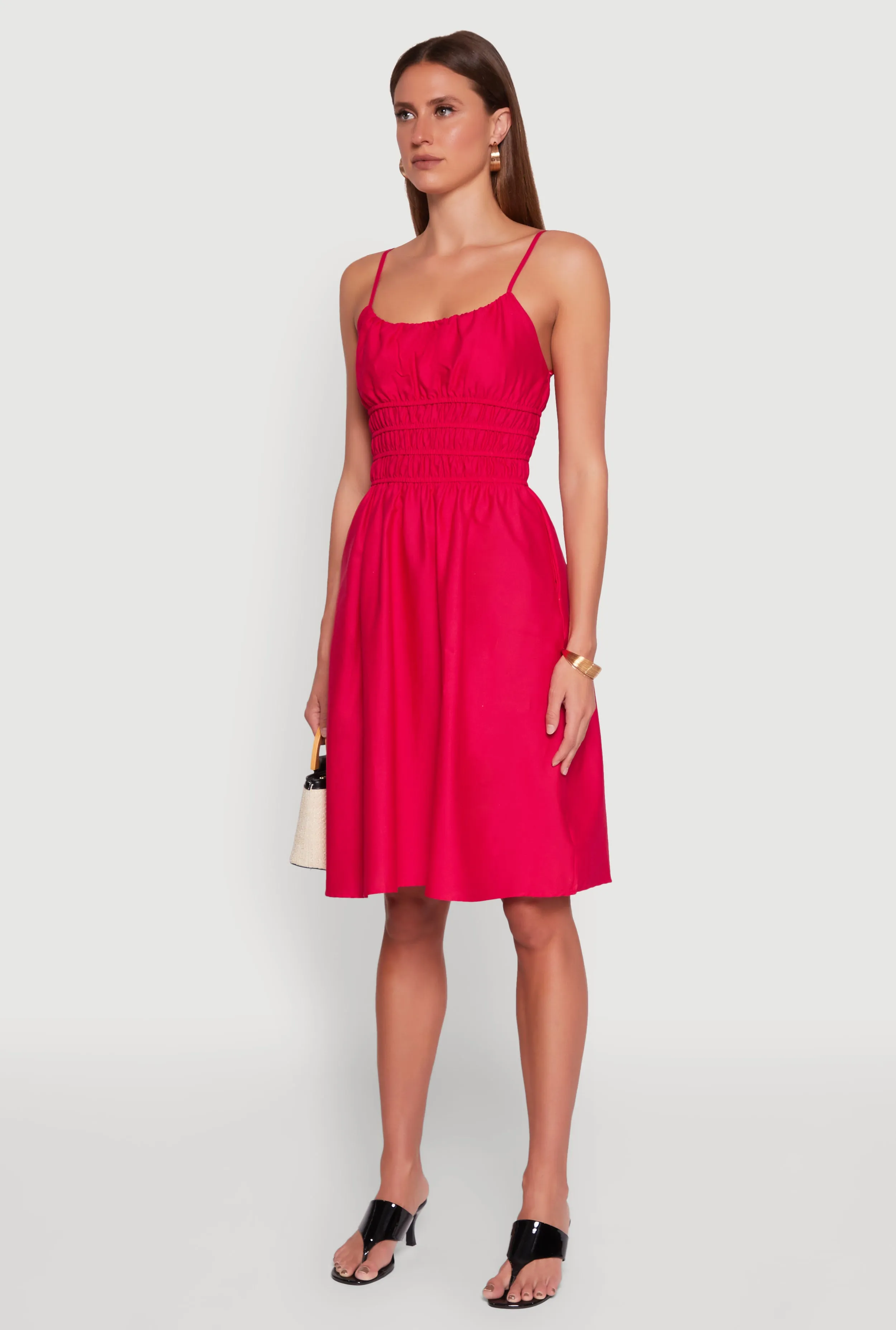 Modern Silhouette Subtle Glow Smocked Waist Poplin Midi Dress