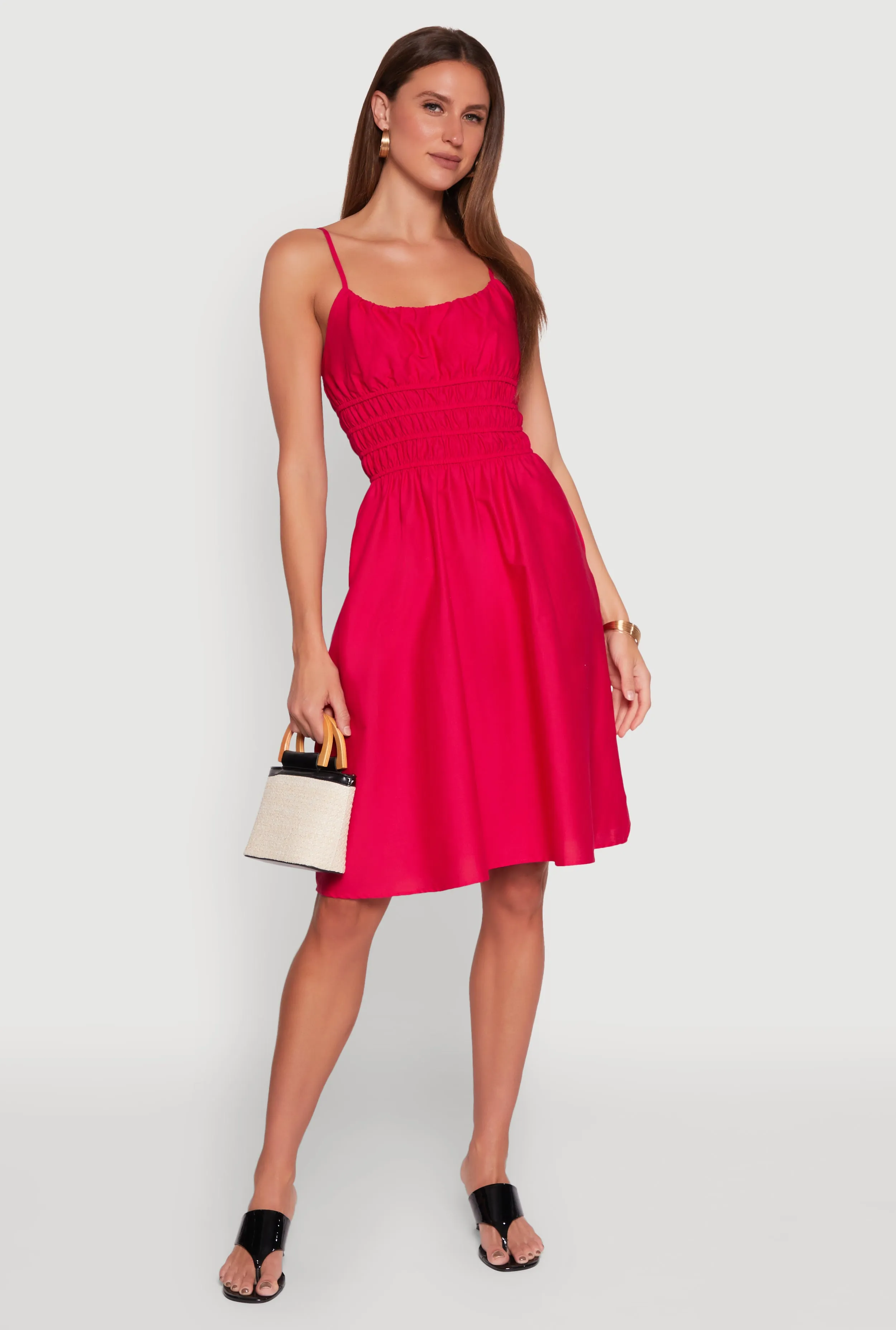 Light Elegance Smocked Waist Poplin Midi Dress