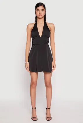 Cozy Mood Sleek Draping Satin Tie Back Halter Skater Dress
