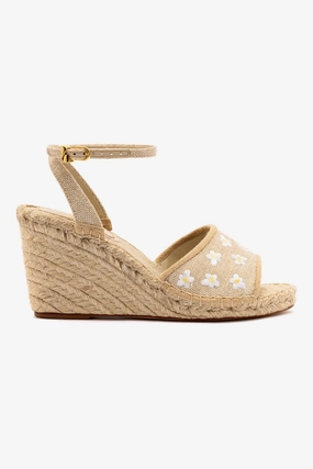 Sporty Design All Day Comfort Letizia Espadrille Wedge In Raw Linen and Daisy Embroidery