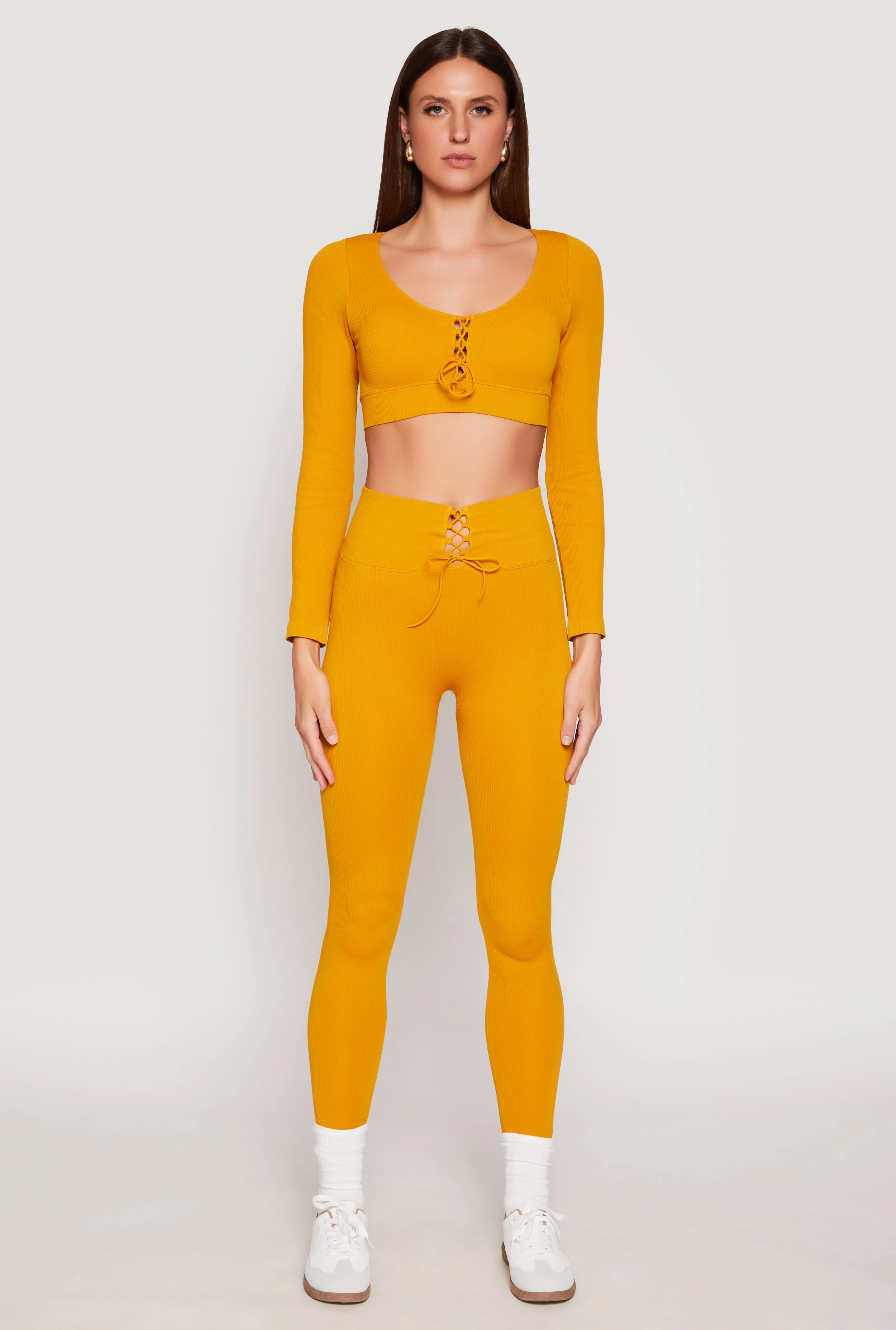 Sheet Seamless Lace Up Long Sleeve Crop Top