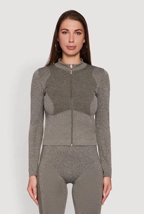 Seamless Marled Mock Neck Long Sleeve Track Jacket Moisture Wicking Inner Wrinkle resistant fabric