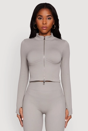 CompactFoldable Seamless Ribbed Bustier Detail Cropped Track Jacket