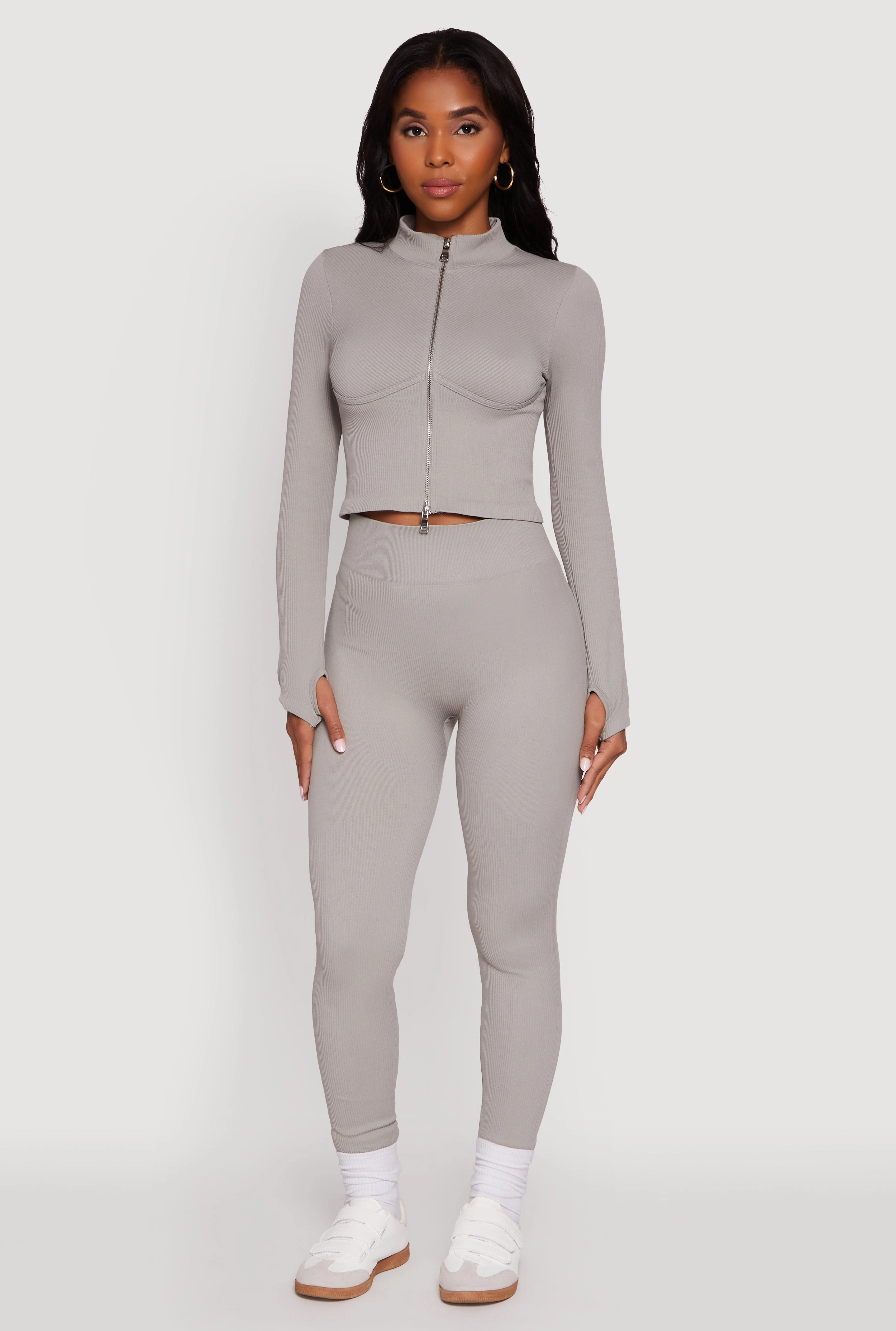 Seamless Ribbed Bustier Detail Cropped Track Jacket Winter Outerwear Rainy Day