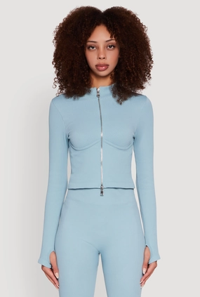 Layered Look Seamless Ribbed Knit Bustier Detail Cropped Track Jacket