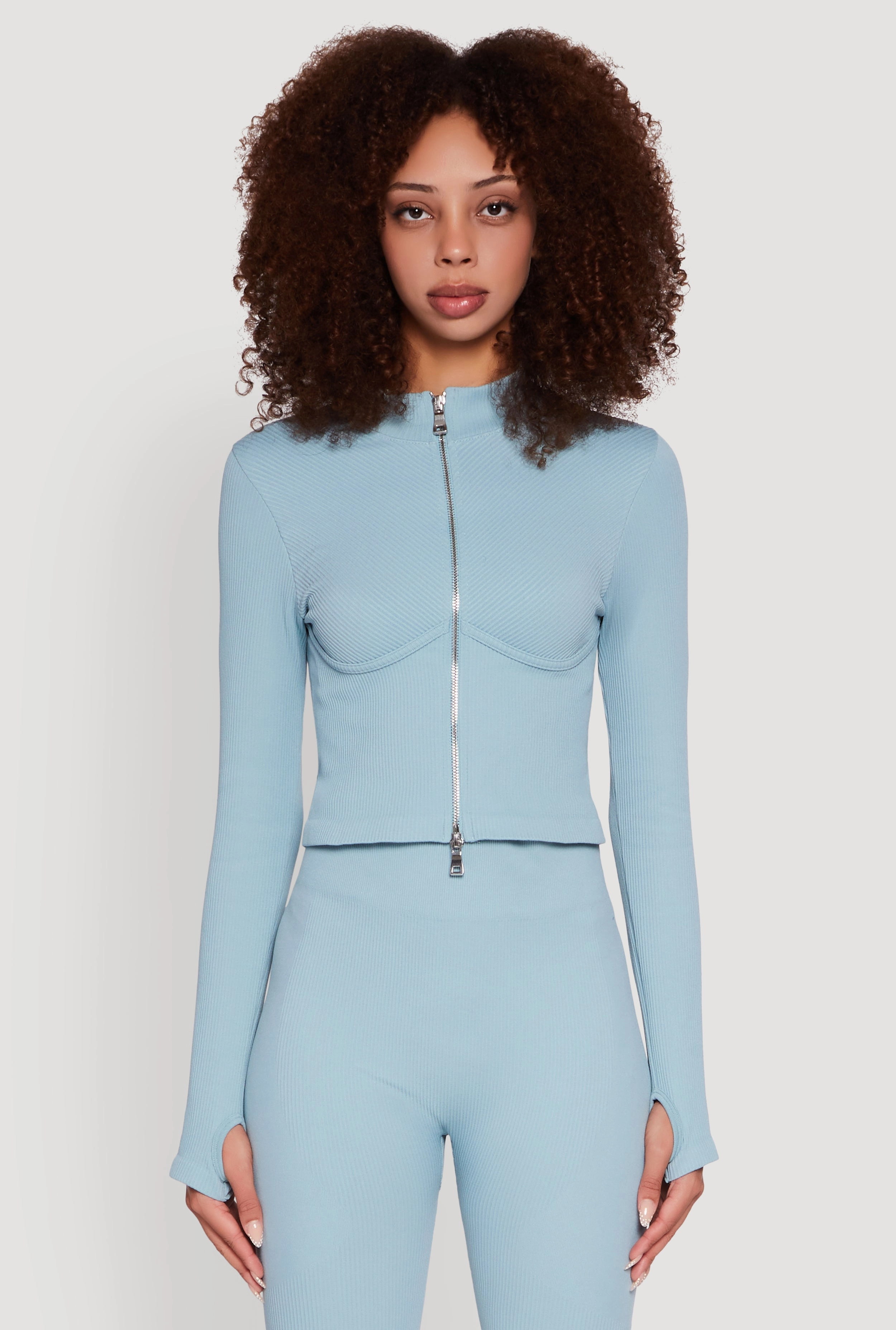 Layered Look Seamless Ribbed Knit Bustier Detail Cropped Track Jacket