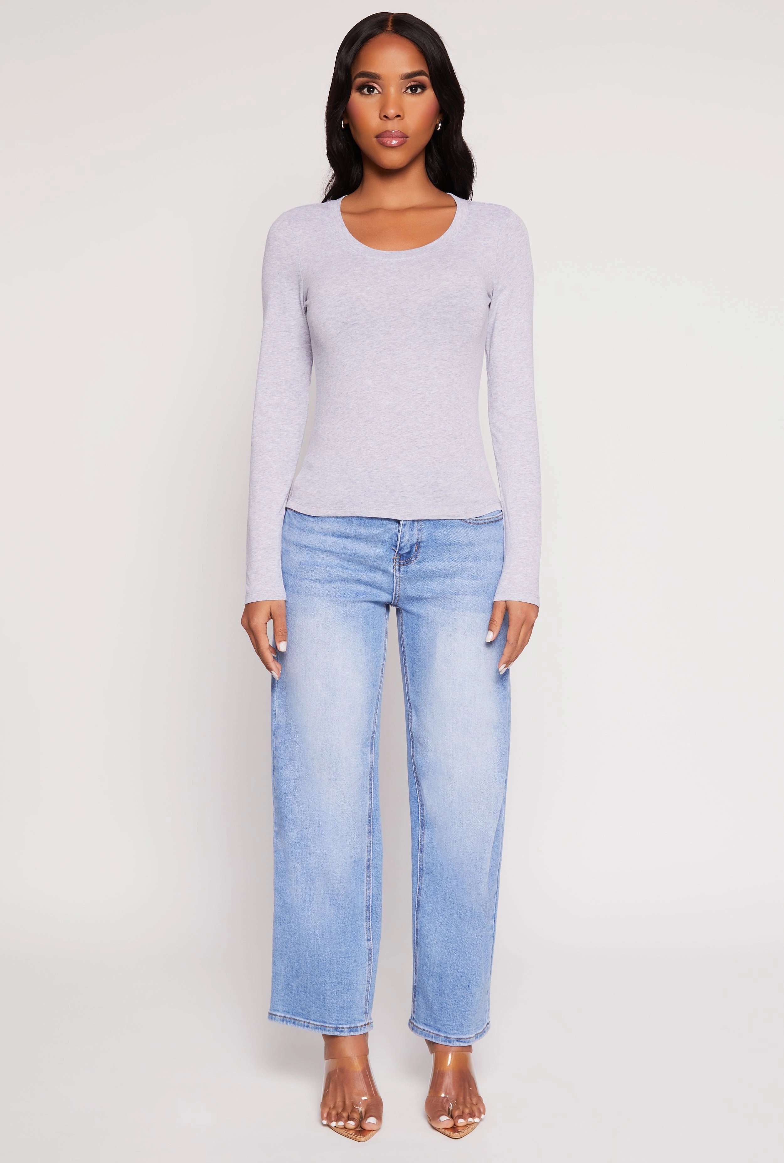 Zipped closure Subtle Color Basic Scoop Neck Long Sleeve Top
