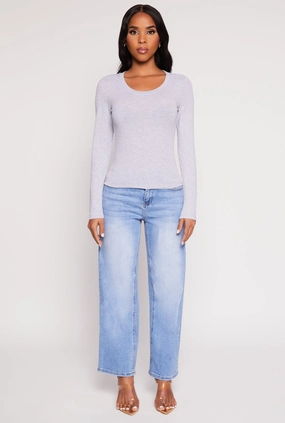 Zipped closure Subtle Color Basic Scoop Neck Long Sleeve Top