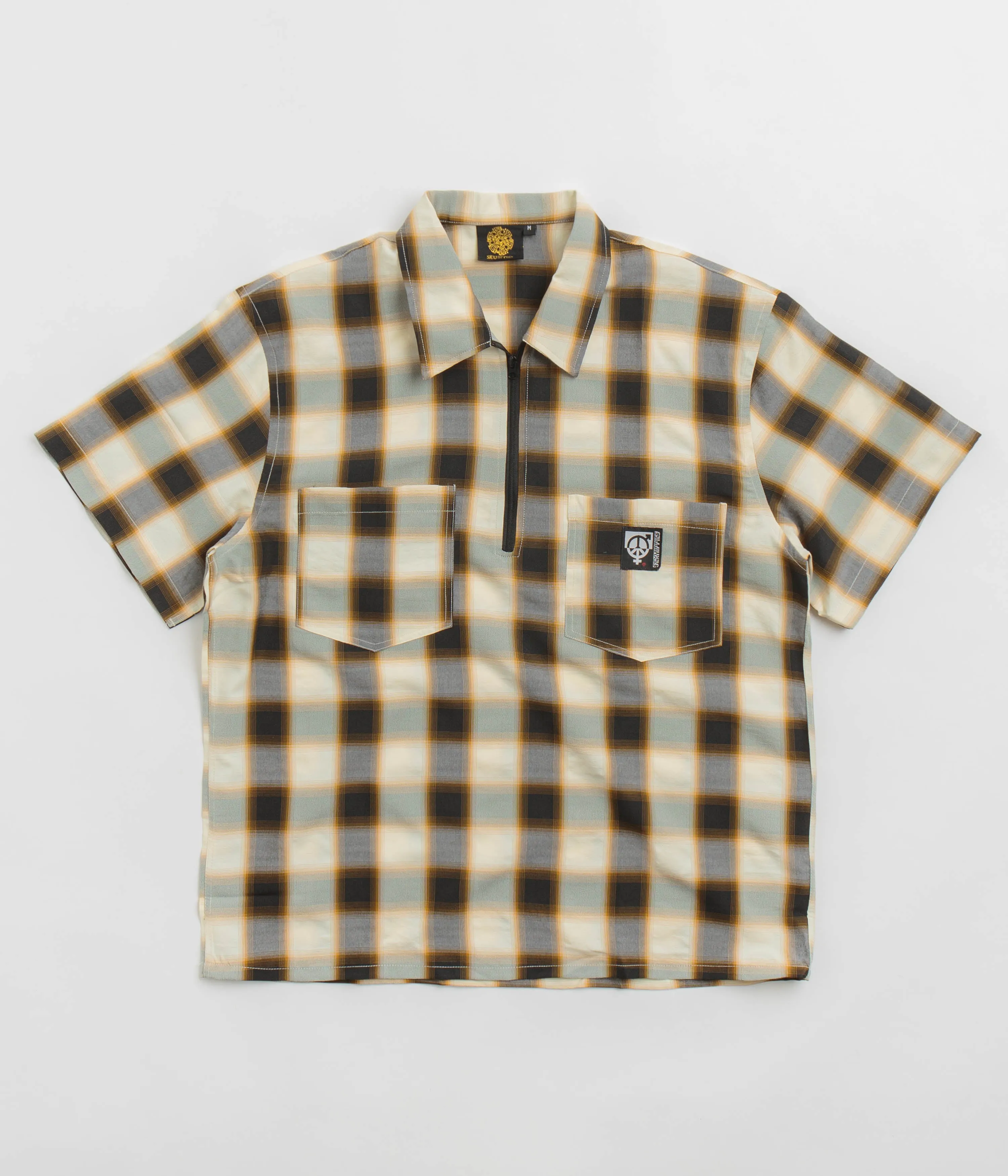 Sexhippies Half Zipper Short Sleeve Shirt - Off White / Black Soft Collar Design