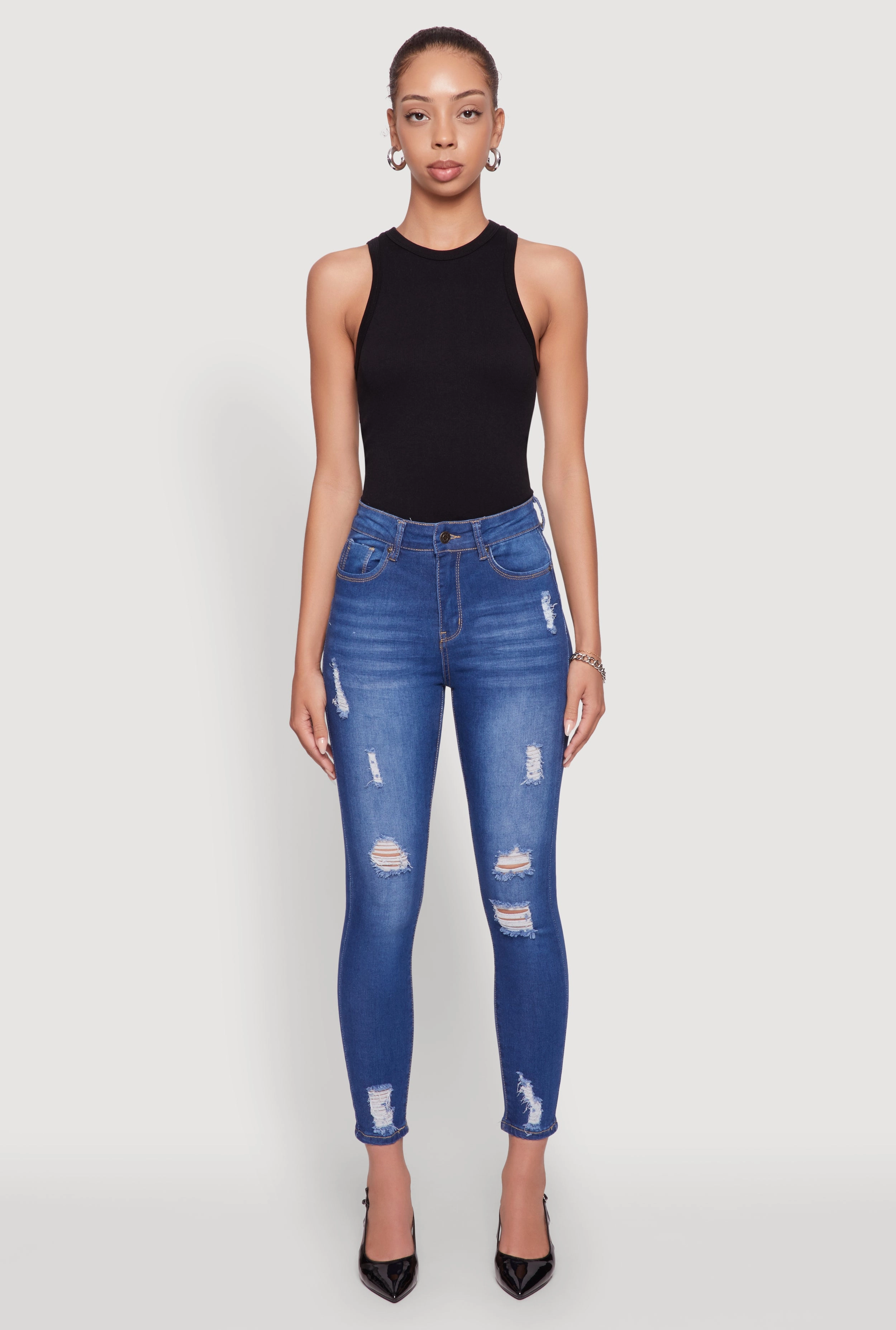 Softened Denim Material Weekend Wear WAX Distressed Frayed Skinny Jeans
