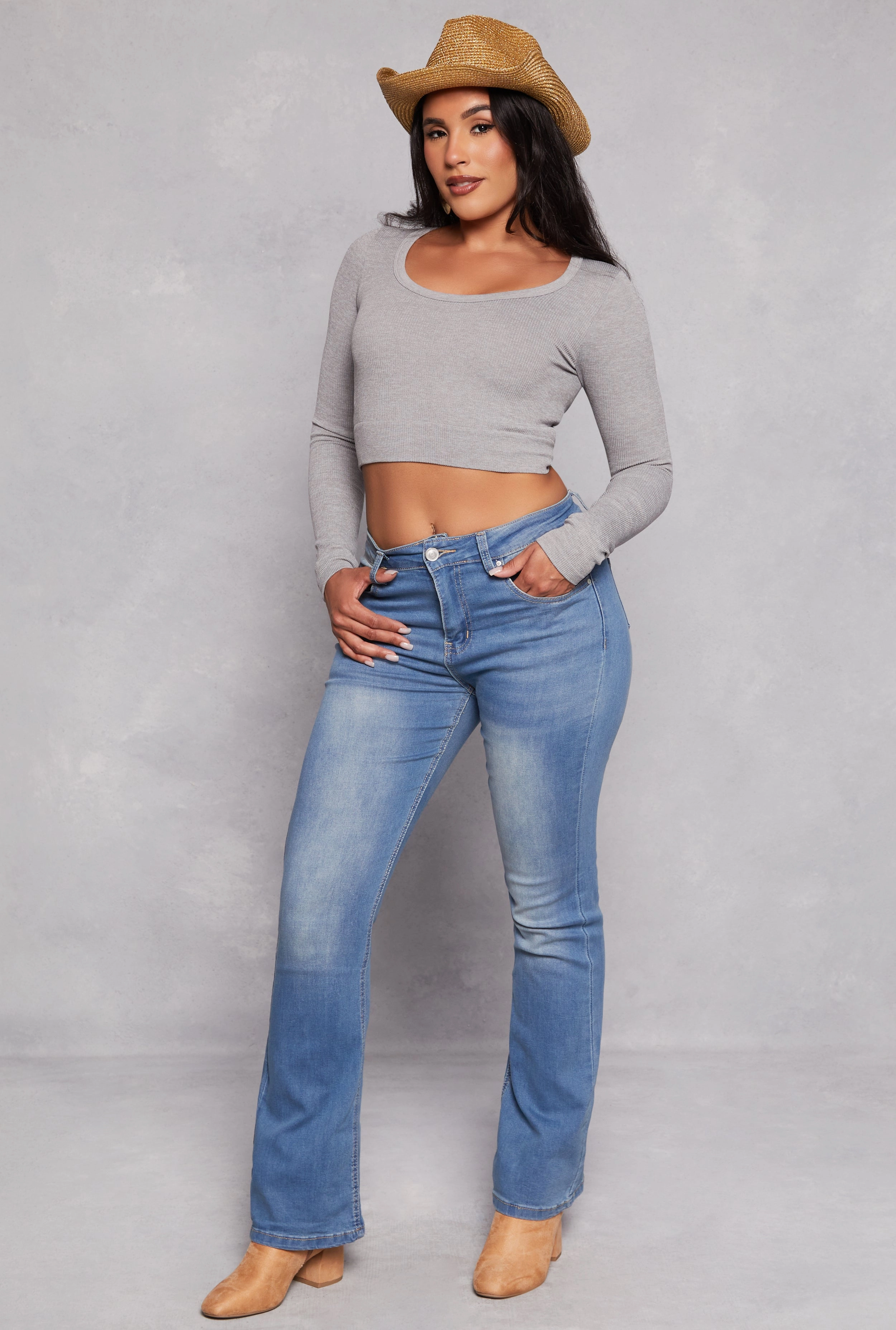 Sandblasted Details Smart Wardrobe WAX Acid Wash High Waisted Boot Cut Jeans