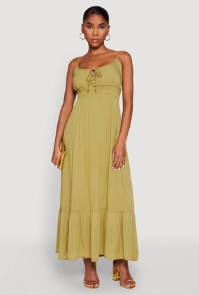 Ribbed-Texture Lounge Feel Tie Front Keyhole Maxi Dress