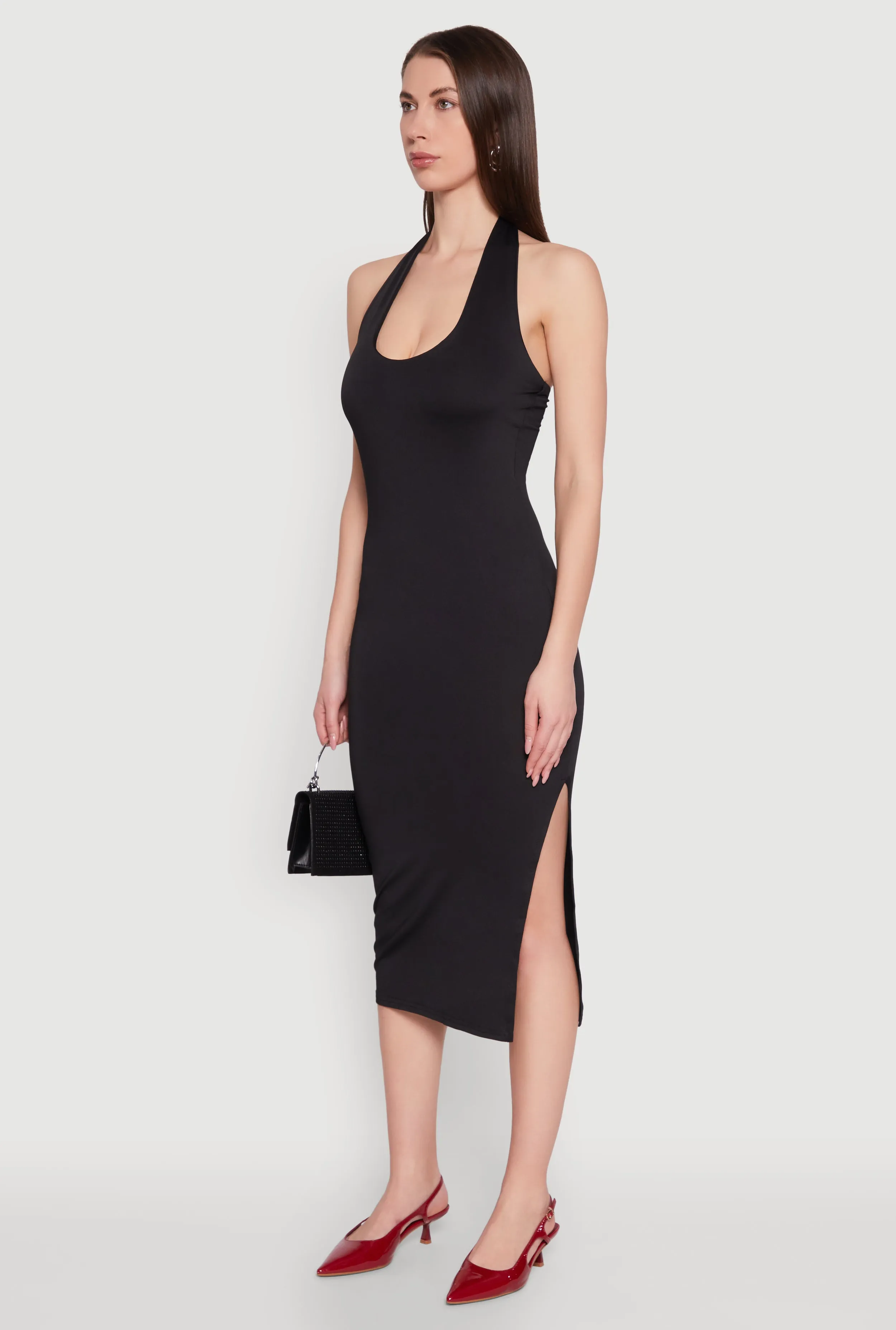 Side Slit Halter Neck Midi Dress Ready Glow Social Ease