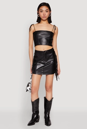 Global Inspiration Convertible Length Side Fringe Faux Leather Mini Skirt