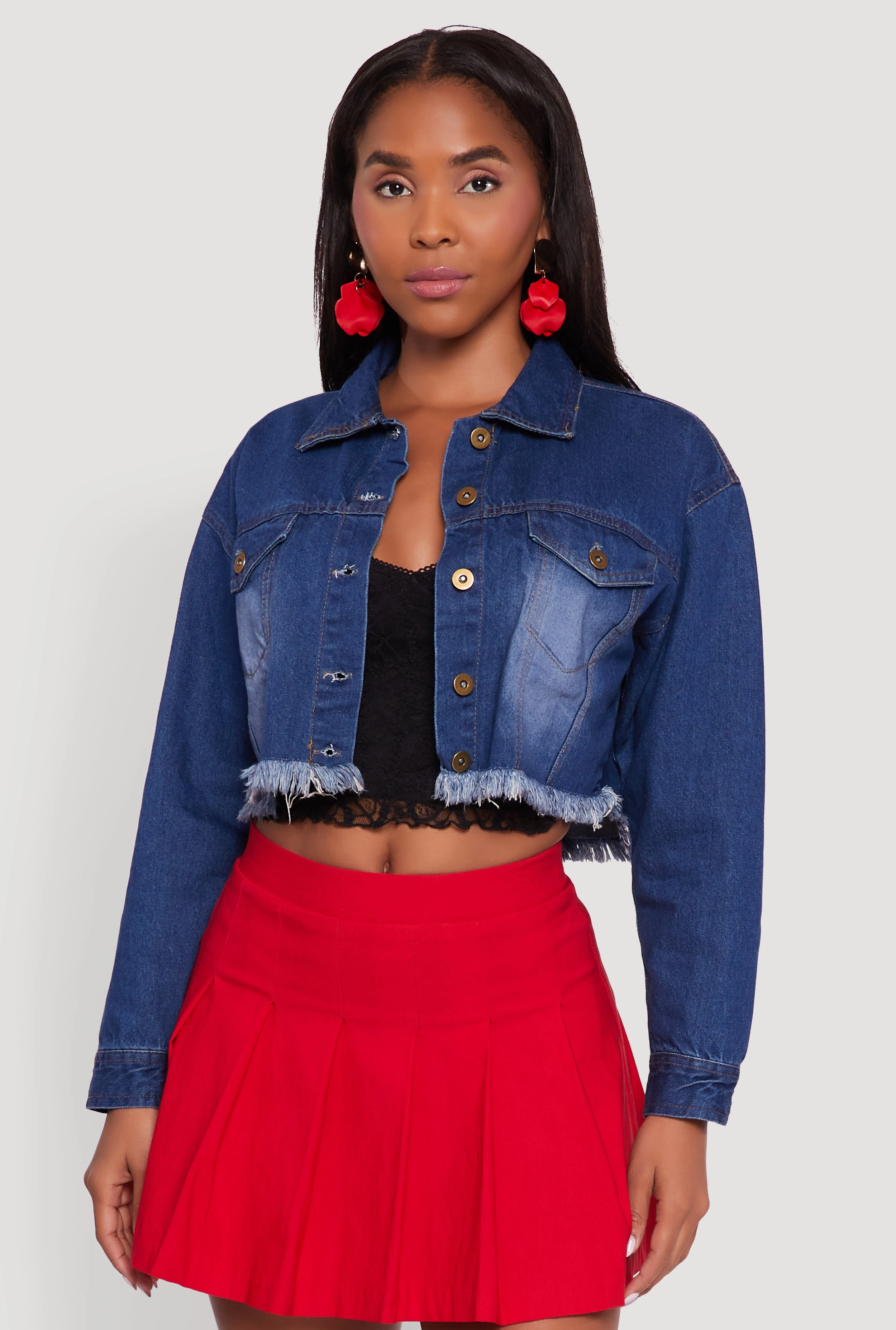 XO Back Graphic Frayed Hem Cropped Denim Jacket Packable Feature Strong Zip