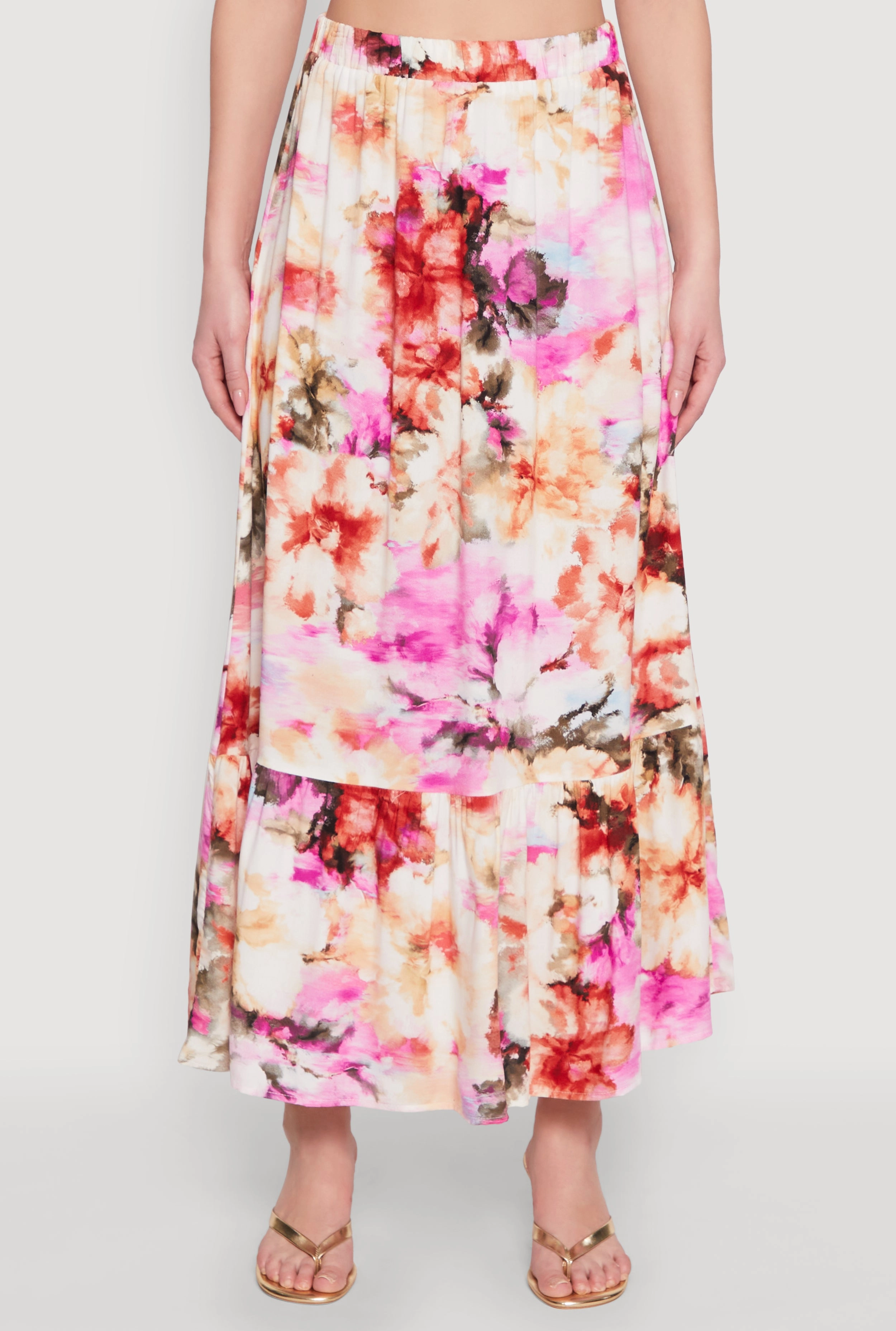 Airy Comfort Washable fabric High Waisted Floral Print Tiered Skirt