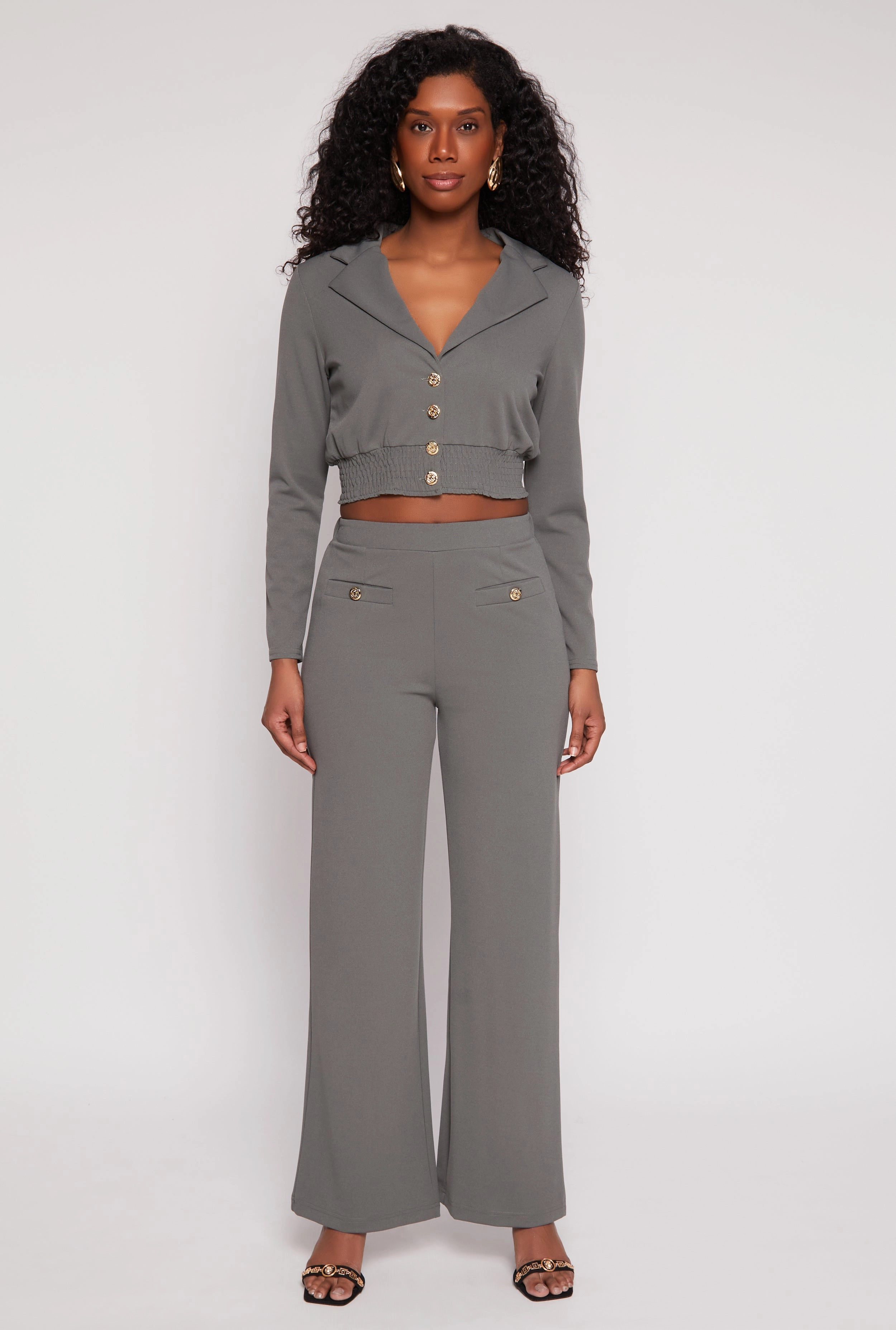 Smocked Button Front Blouse crew neck