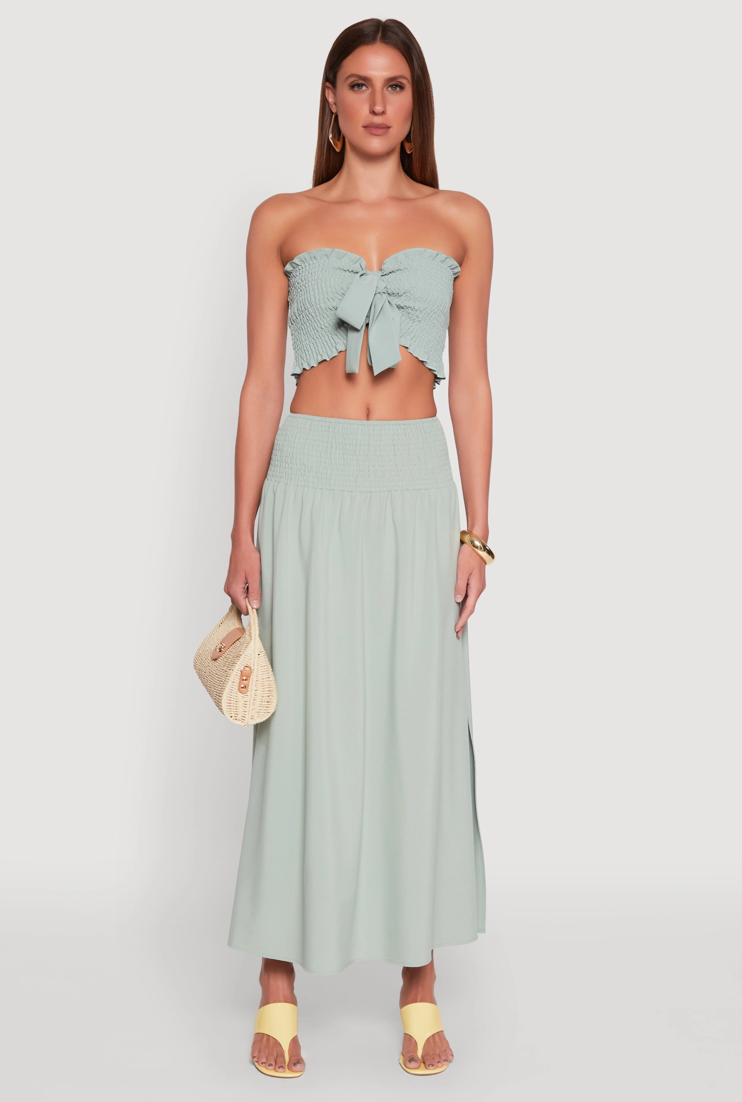 Water resistant coating Smocked High Waist Side Slit Skirt