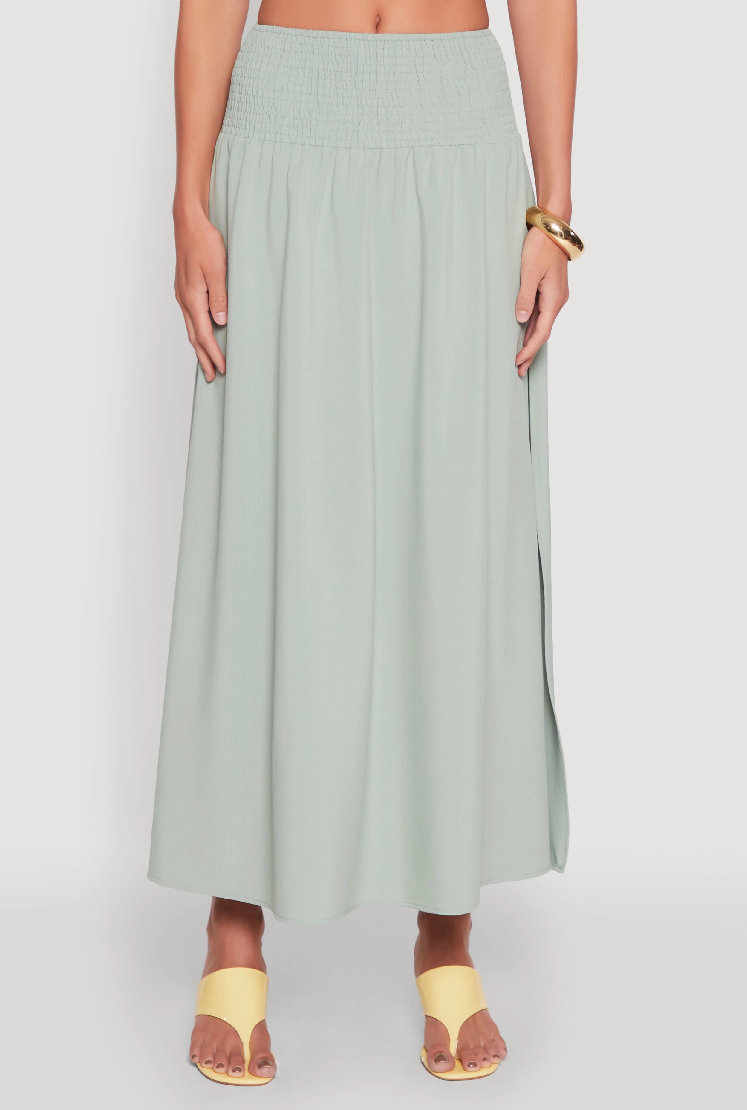 Everyday Favorite Functional Fashion Smocked High Waist Side Slit Skirt