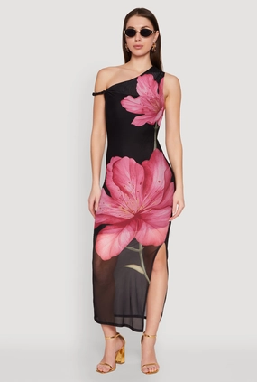 Mermaid-Hem Gentle Motion Iris One Shoulder Floral Print Maxi Dress