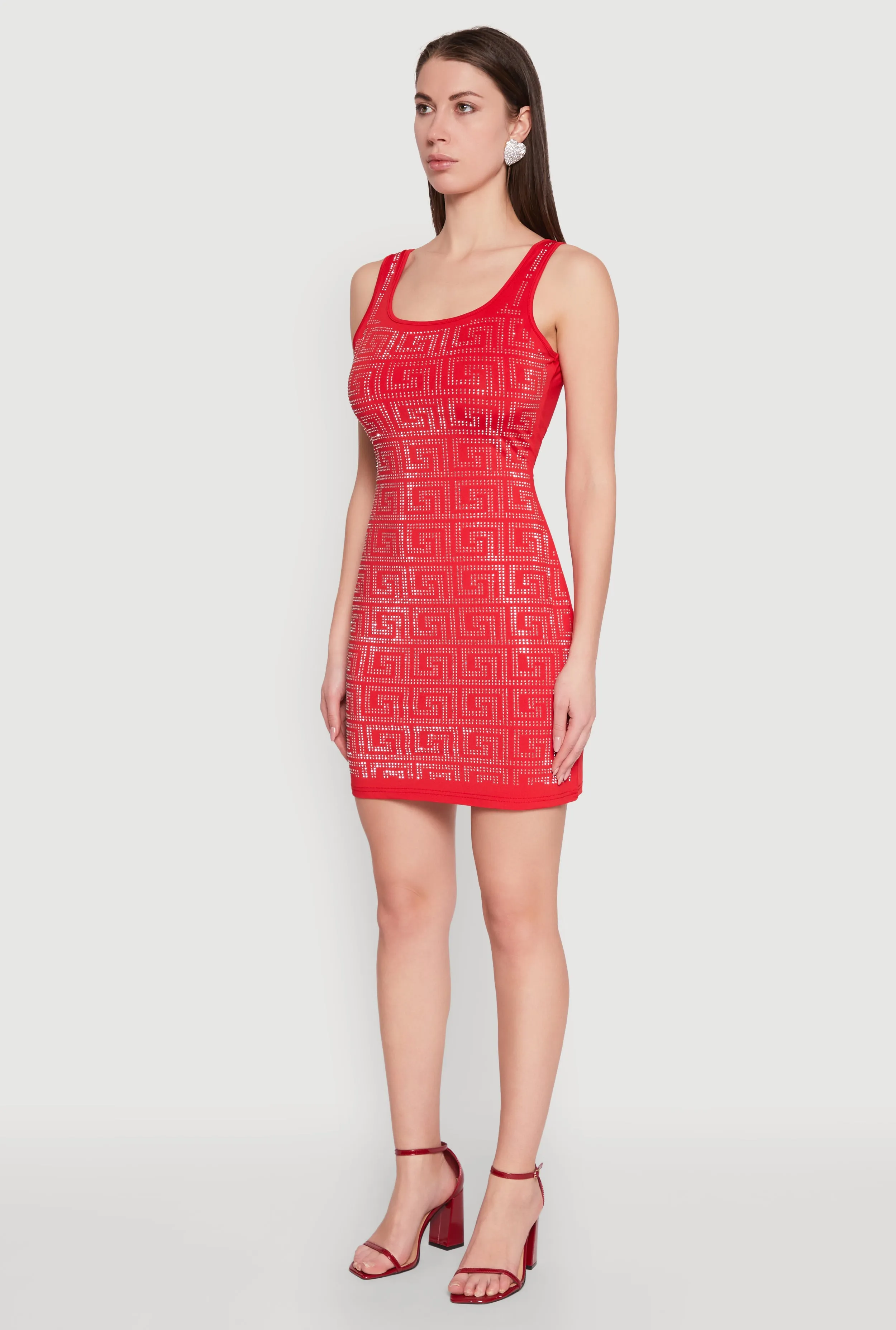 Greek Key Rhinestone Mini Dress Layered Fit