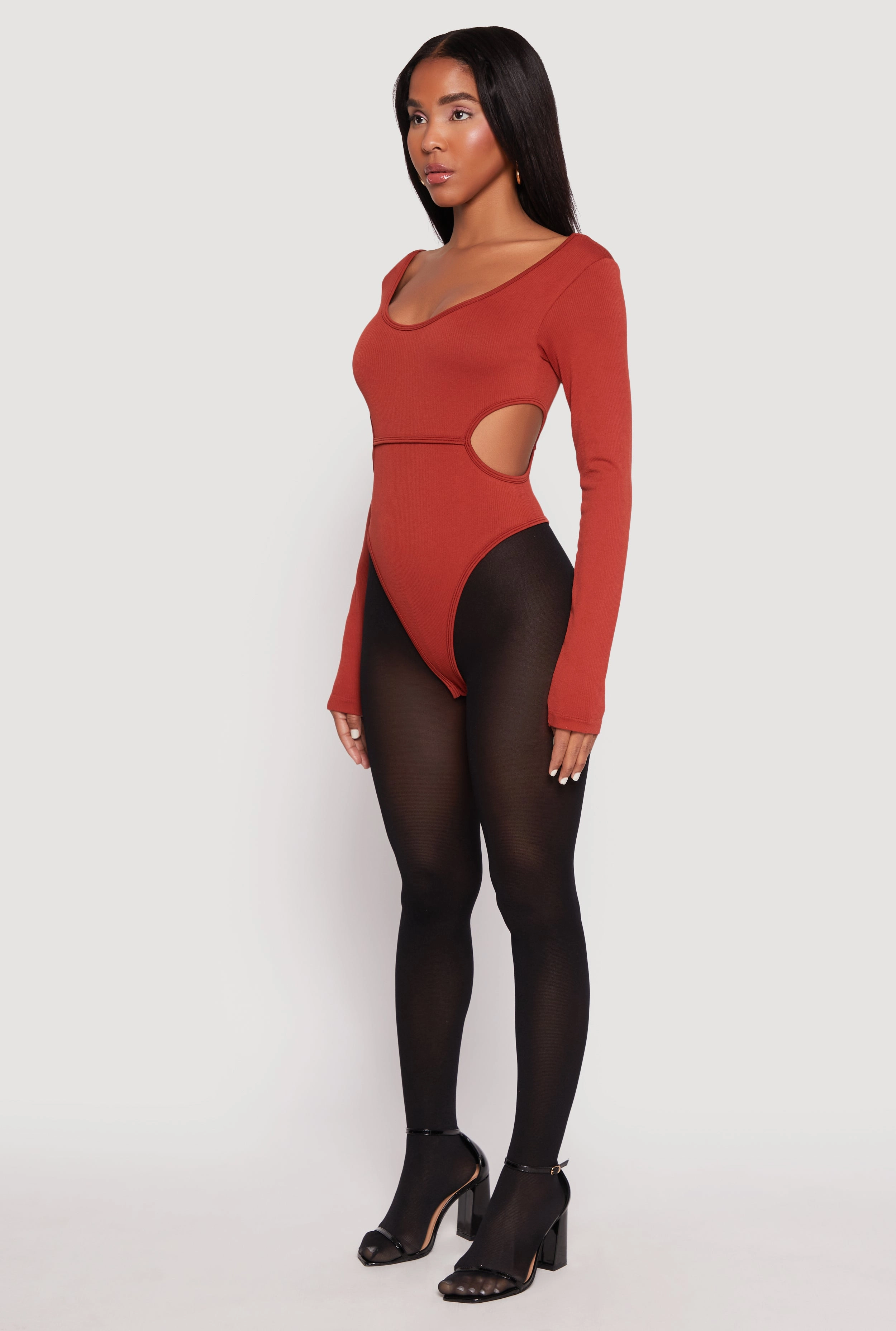 Solid Cut Out Detail Long Sleeve Bodysuit umbrella