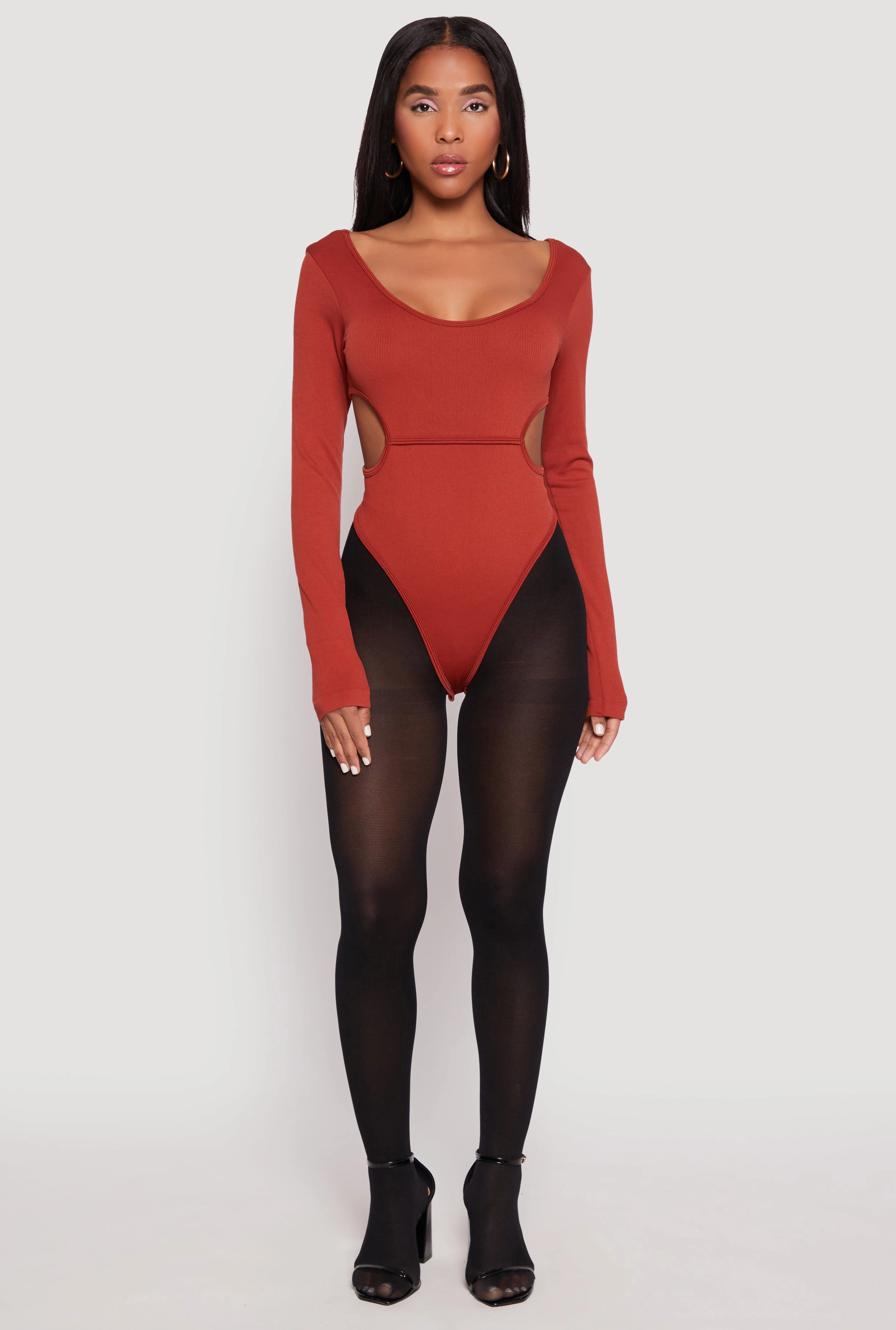 Solid Cut Out Detail Long Sleeve Bodysuit UV Protective Fabric Hip hop