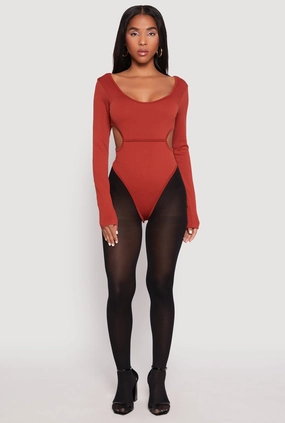 Solid Cut Out Detail Long Sleeve Bodysuit UV Protective Fabric Hip hop
