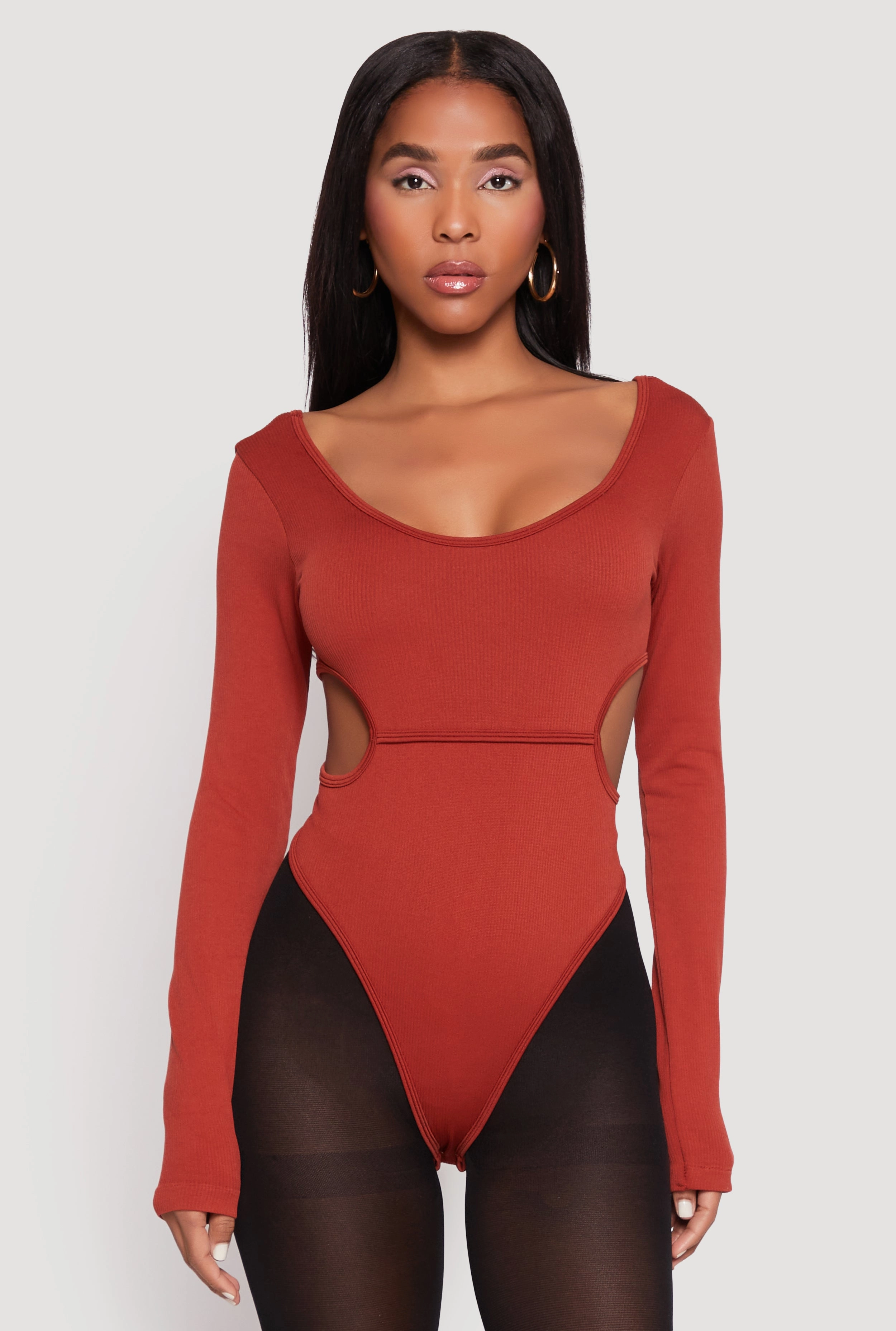 Present Office Solid Cut Out Detail Long Sleeve Bodysuit