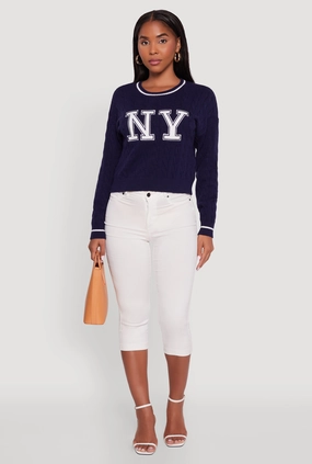 Cropped Cable Knit New York Patch Graphic Sweater Thermal Lining Eco Friendly Knitwear