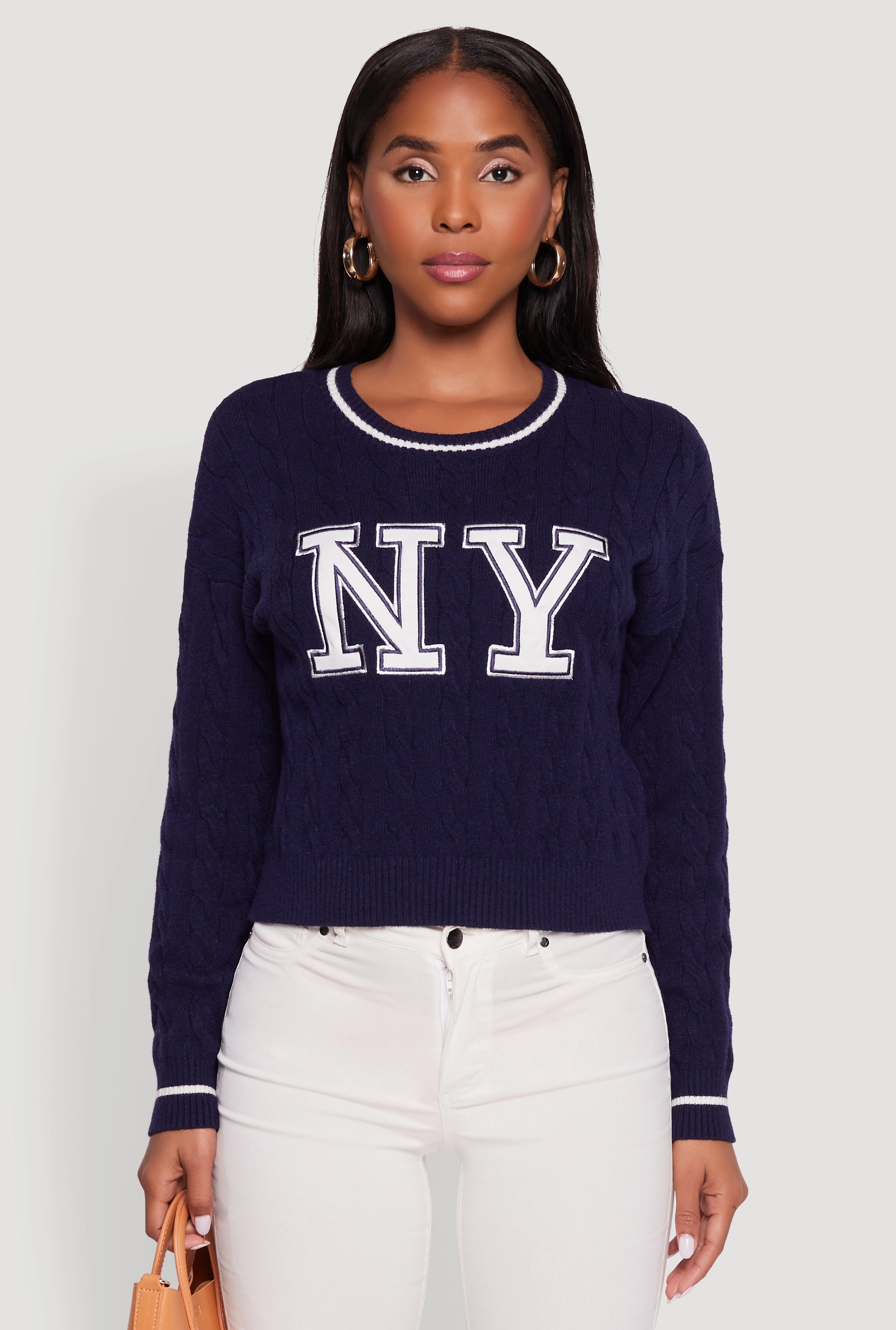Trendy Knit Knitted Layer Cropped Cable Knit New York Patch Graphic Sweater