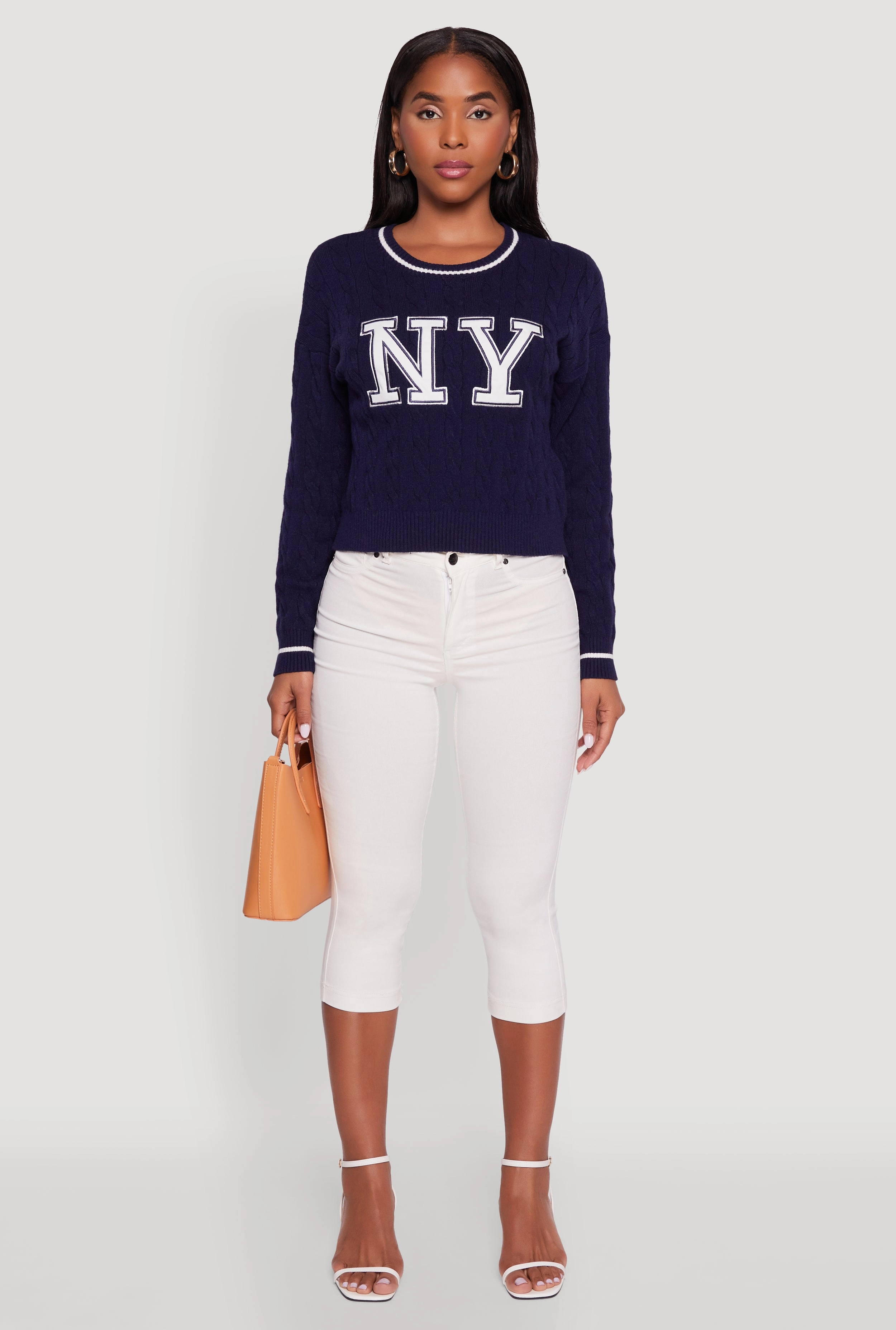 Layered Warmth Knitted Layering Cropped Cable Knit New York Patch Graphic Sweater