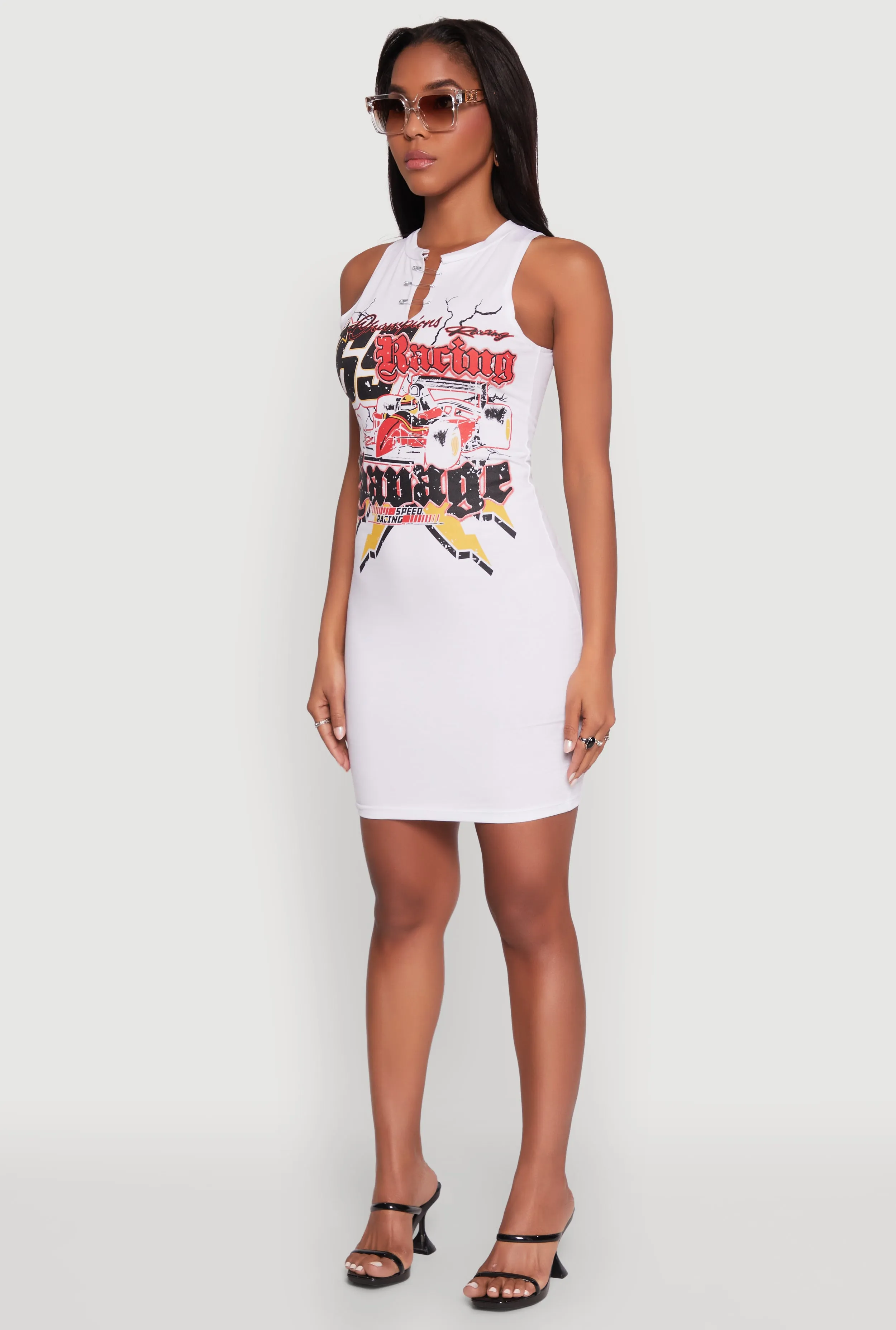 Sleek and Simple Speed Racing Graphic Sleeveless Mini Dress