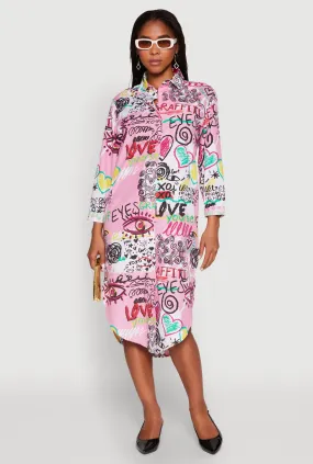 Mid layer Cozy Wear Spoon Jeans Graffiti Print Shirt Dress