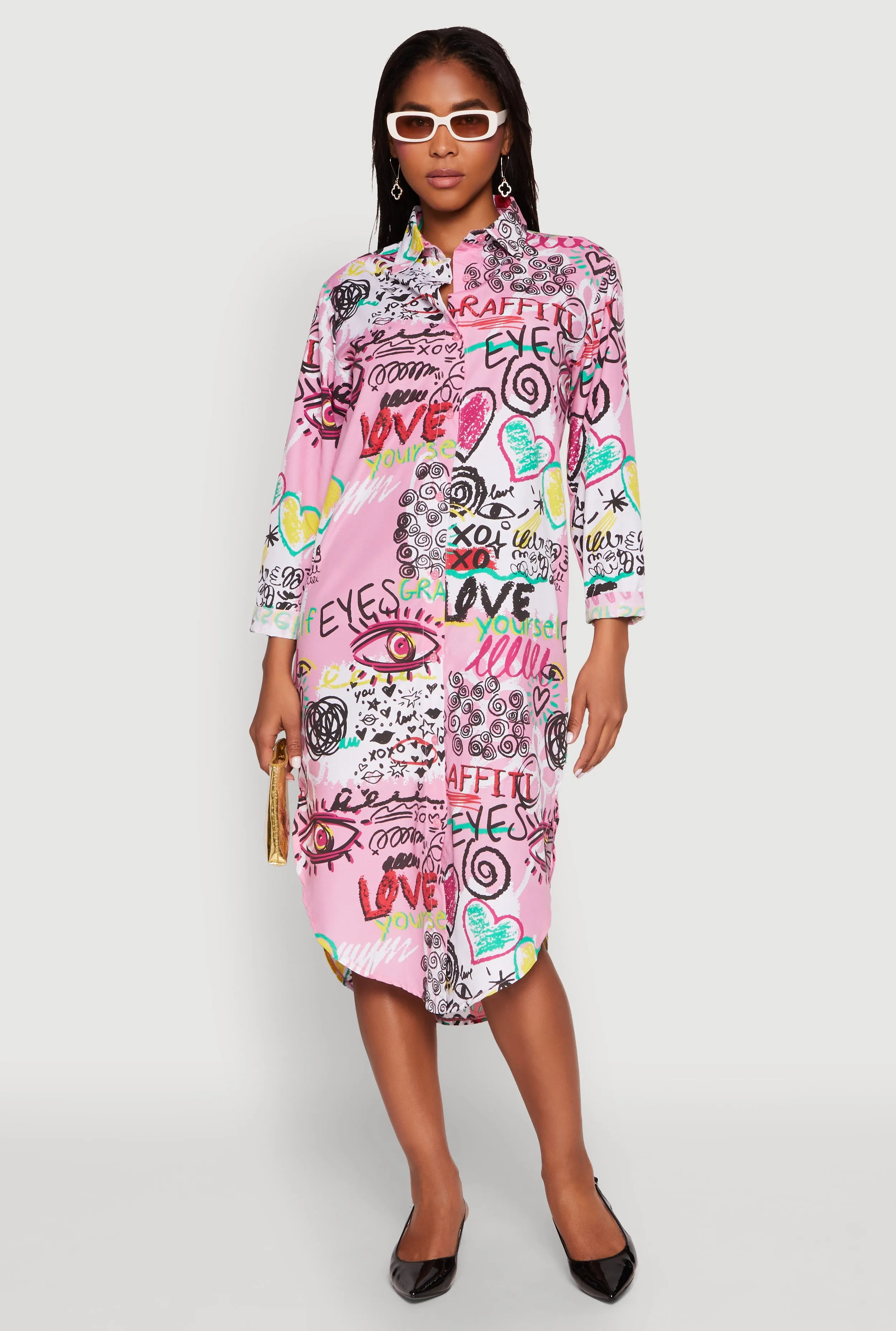 Mid layer Cozy Wear Spoon Jeans Graffiti Print Shirt Dress