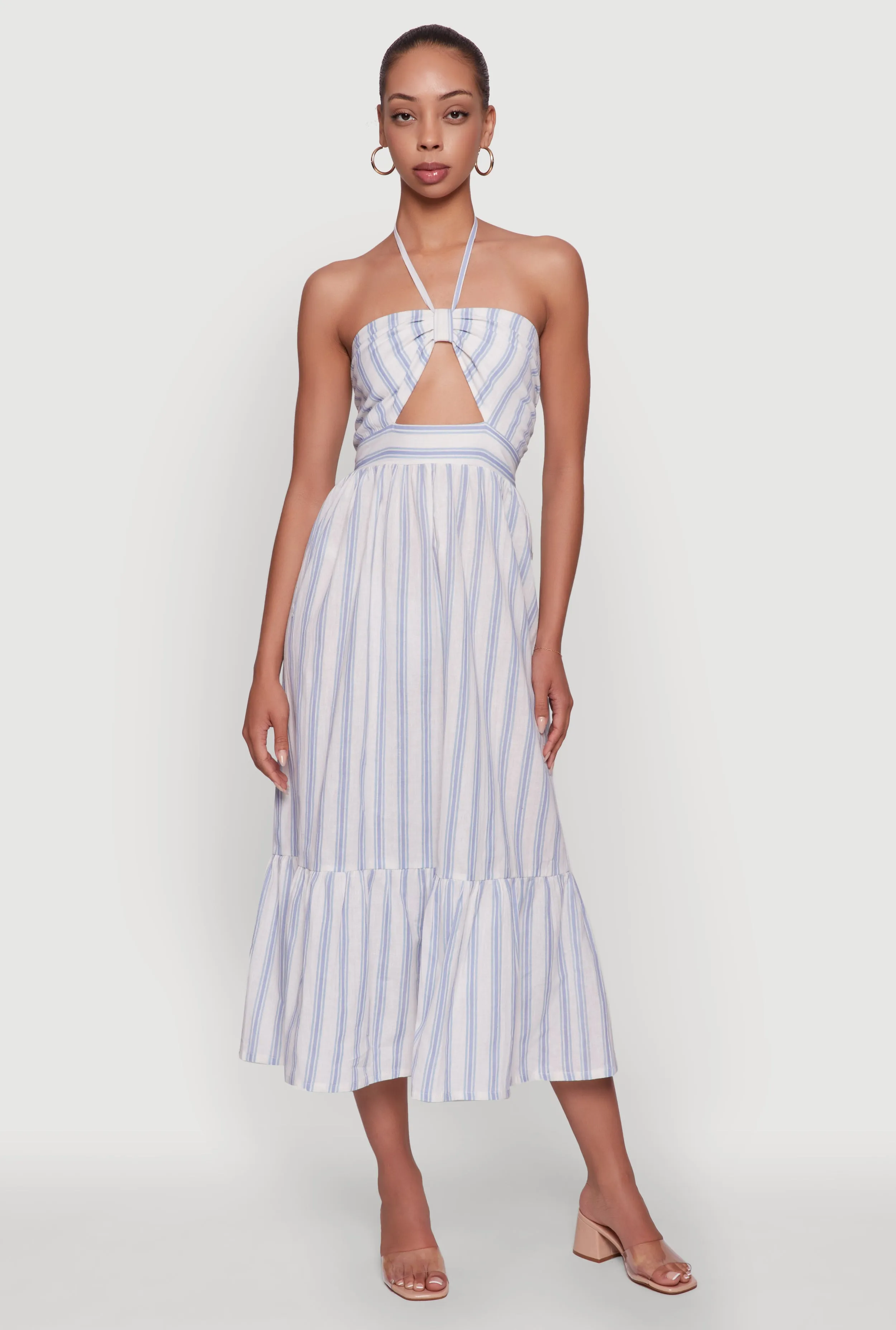 Matte Look Spoon Jeans Striped Keyhole Halter Sundress