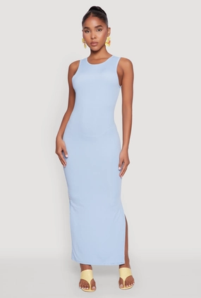 vacation look Sun-Protective Rib Knit Side Slit Maxi Dress