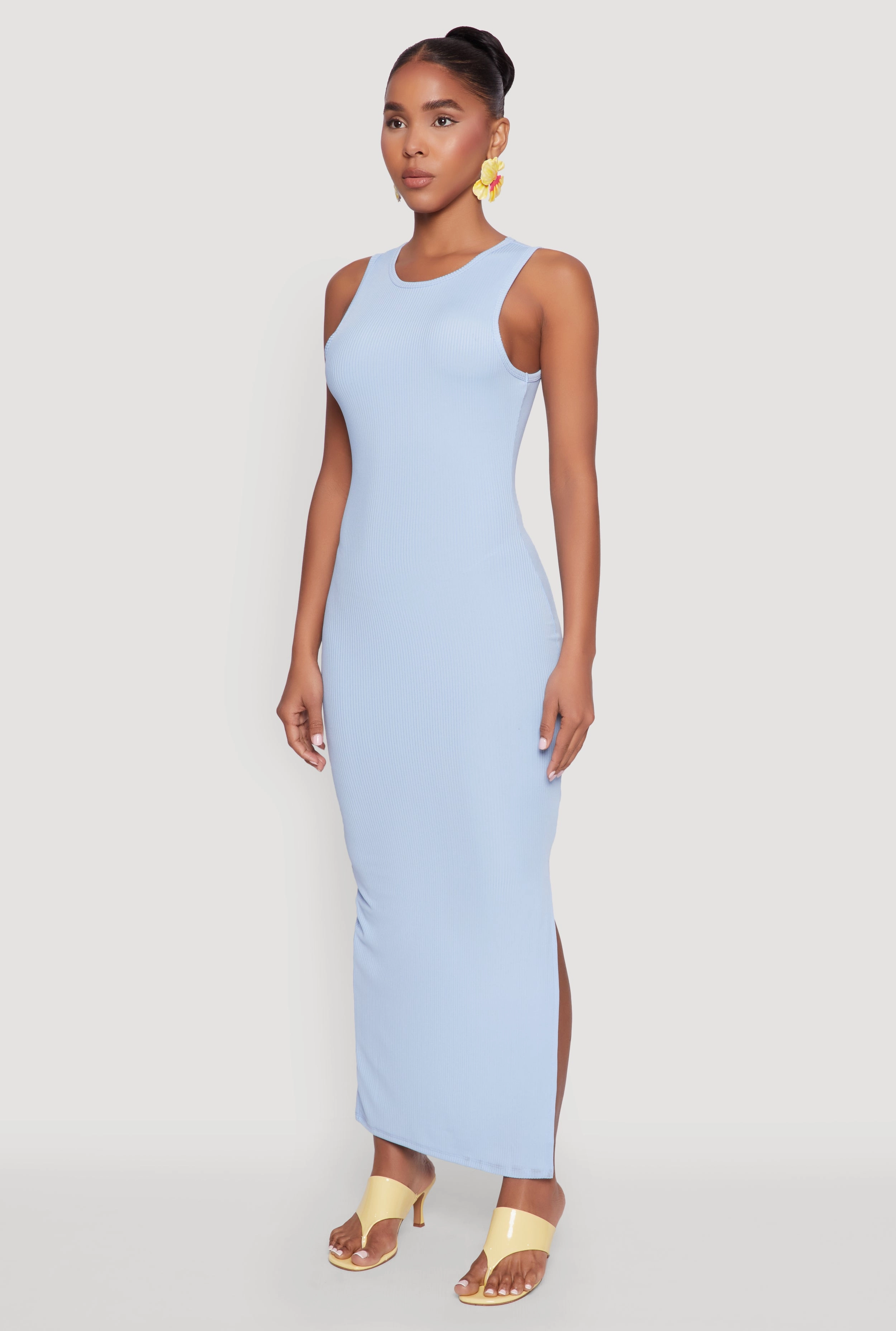 Simple Texture Rib Knit Side Slit Maxi Dress
