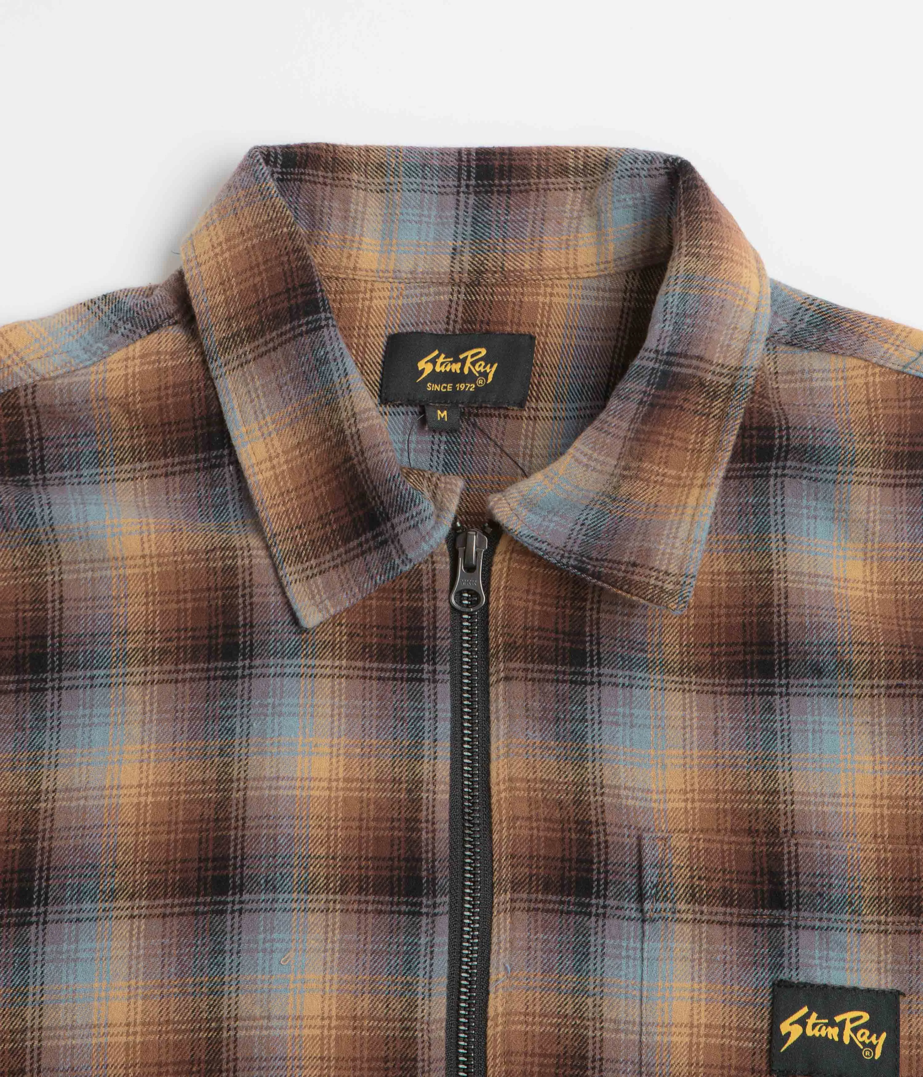 Stan Ray Zip Shirt - Brown / Blue Plaid Snug feel Sleek Silhouette